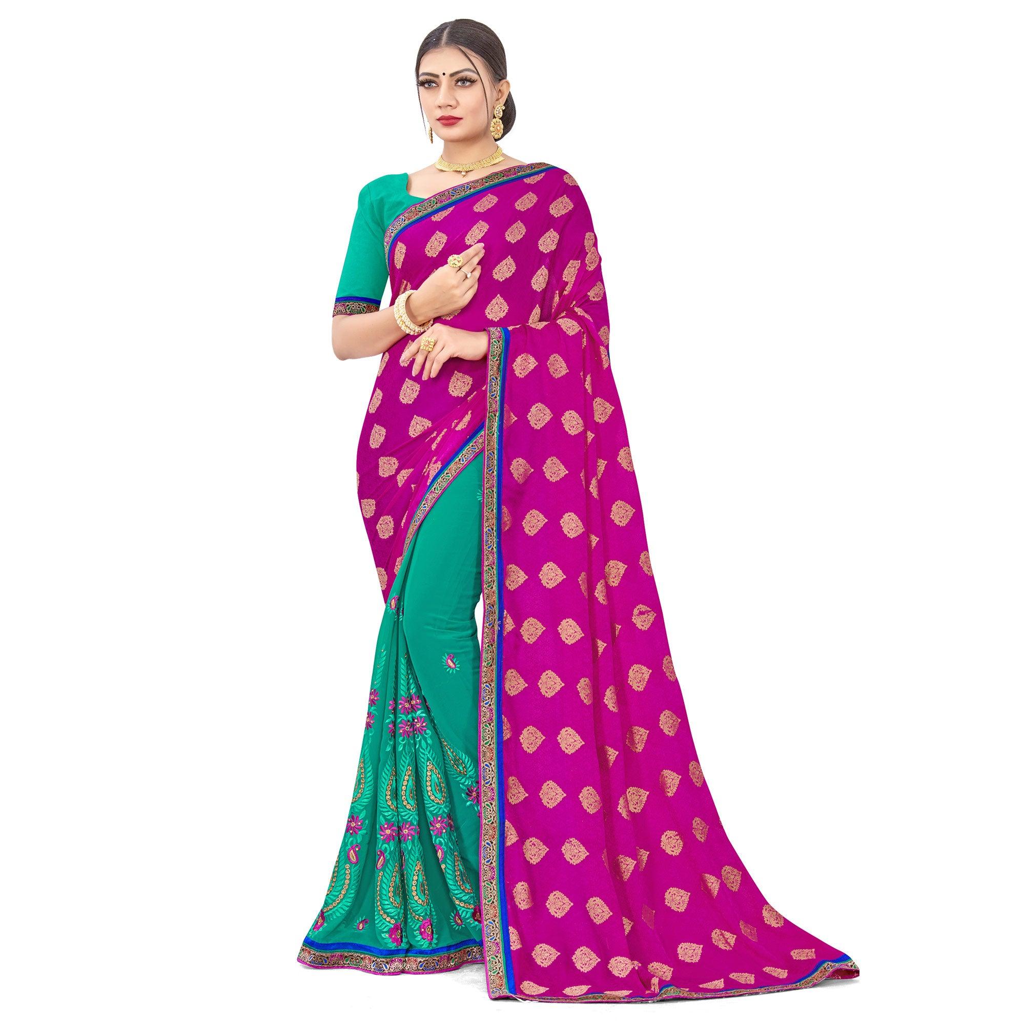Peachmode Captivating Pink-Turquoise Colored party Wear Embroidered Georgette Half-Half Saree