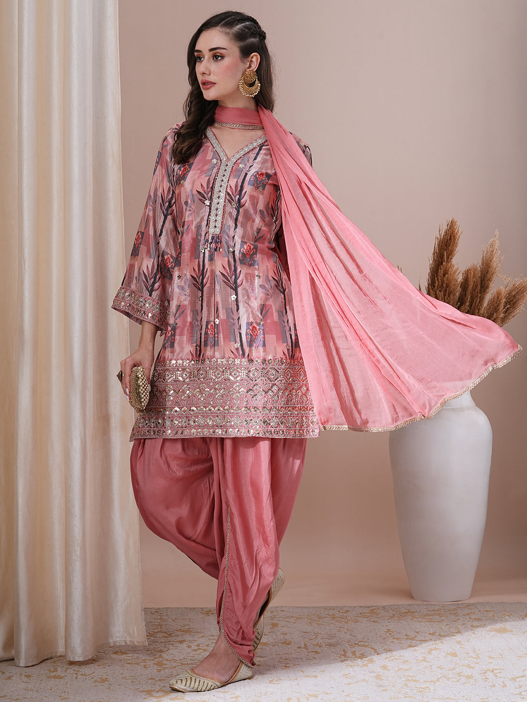 FASHOR Floral Printed Embroidered Straight Fit Kurta with Dhoti Pant & Dupatta - Peach - view 2