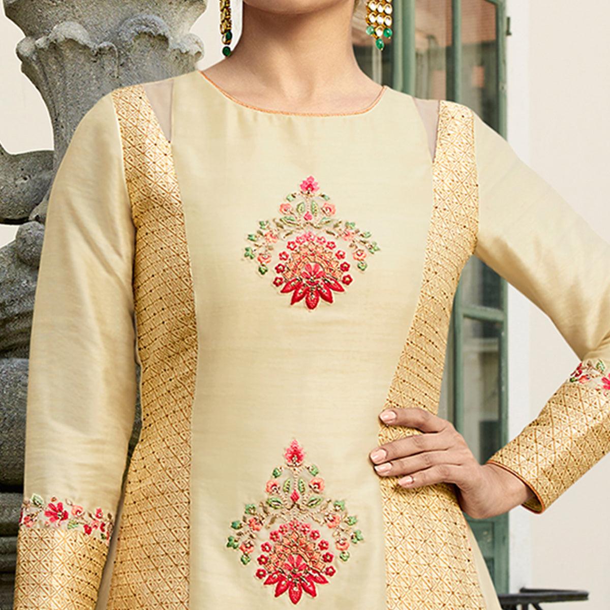 Peachmode Seller Cream Embroidered With Embellished Art Silk Lehenga Kameez With Dupatta - view 2
