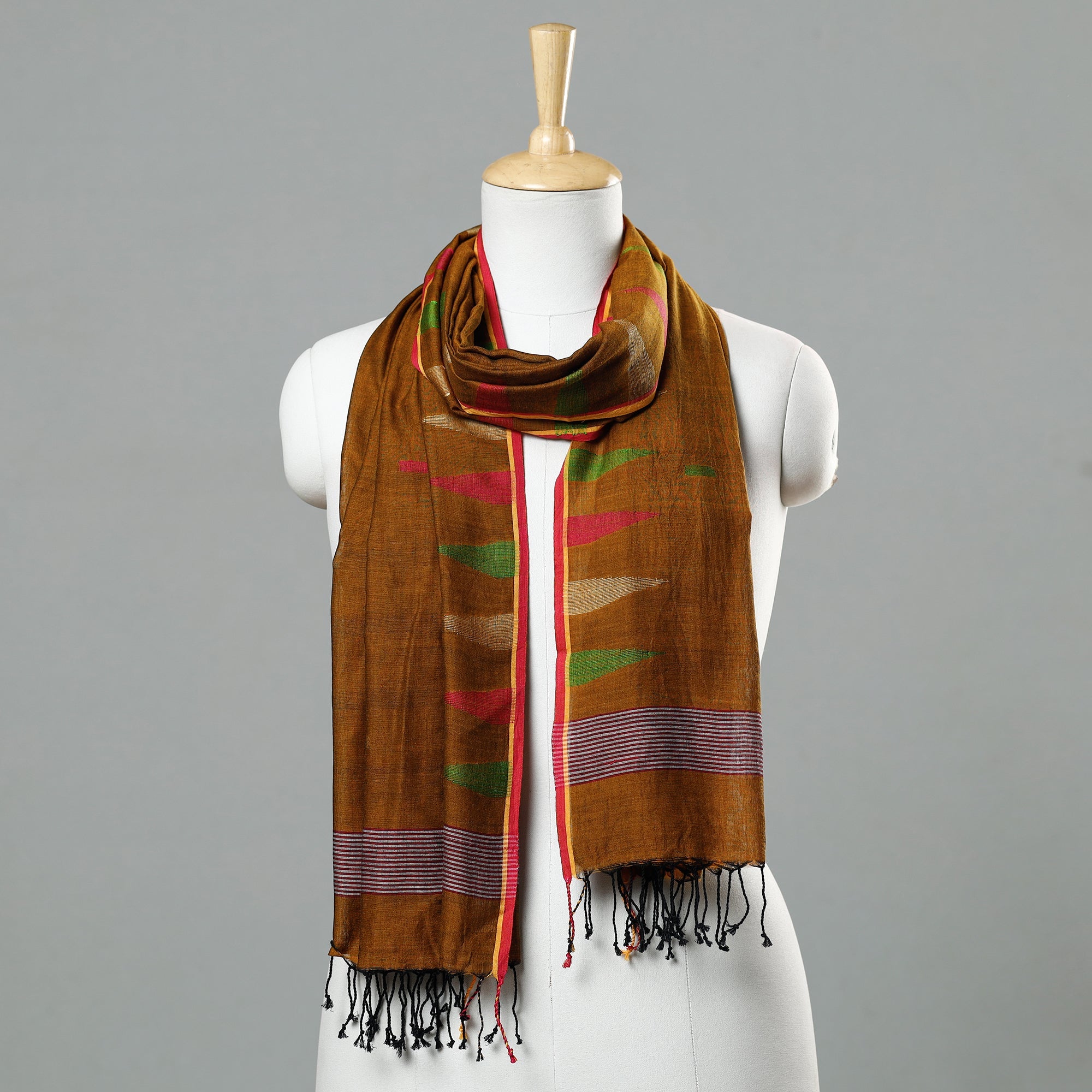 ALANKRITA Brown - Jamdani Handloom Cotton Stole with Tassels