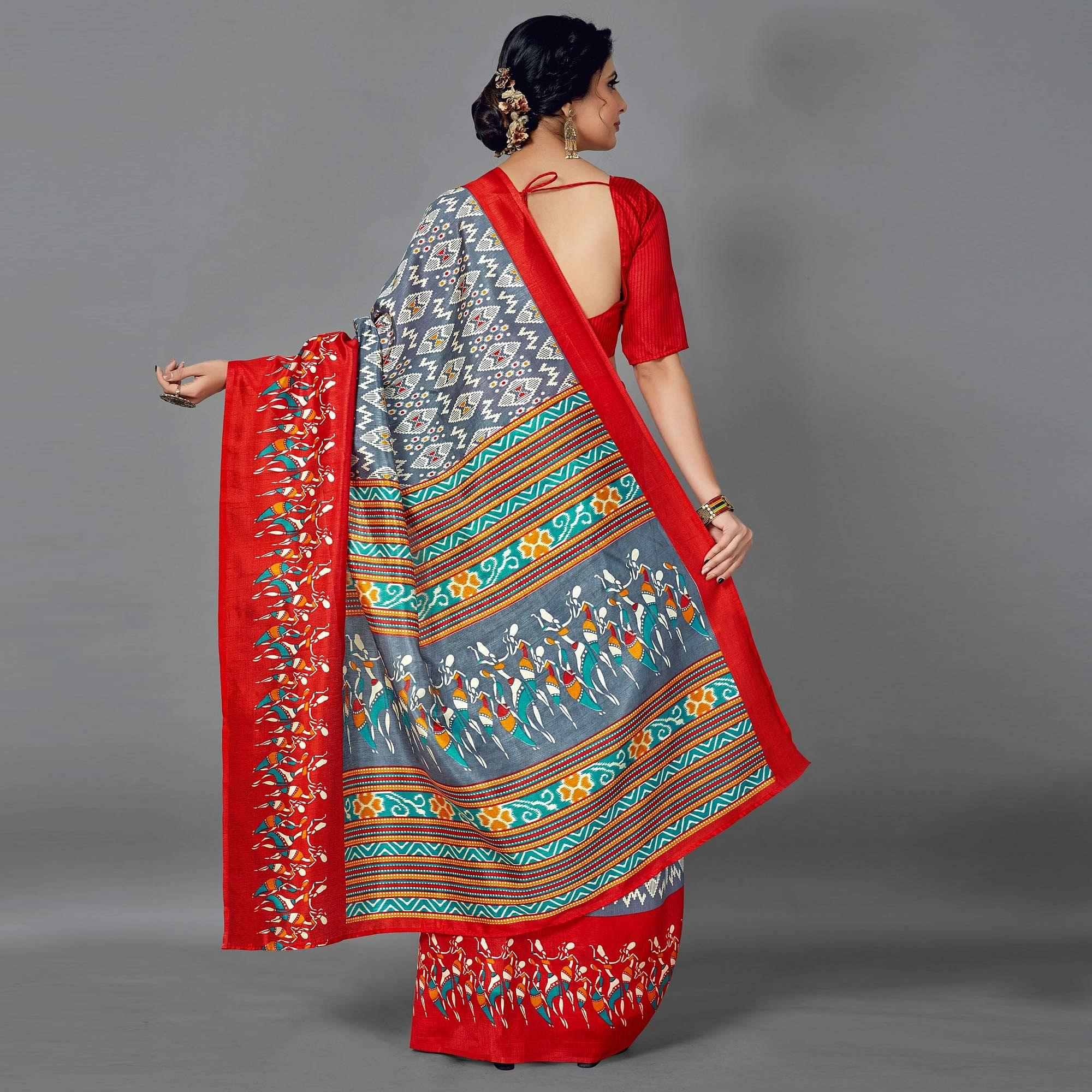 Peachmode Multi Casual Art Silk Printed Saree With Unstitched Blouse - view 4