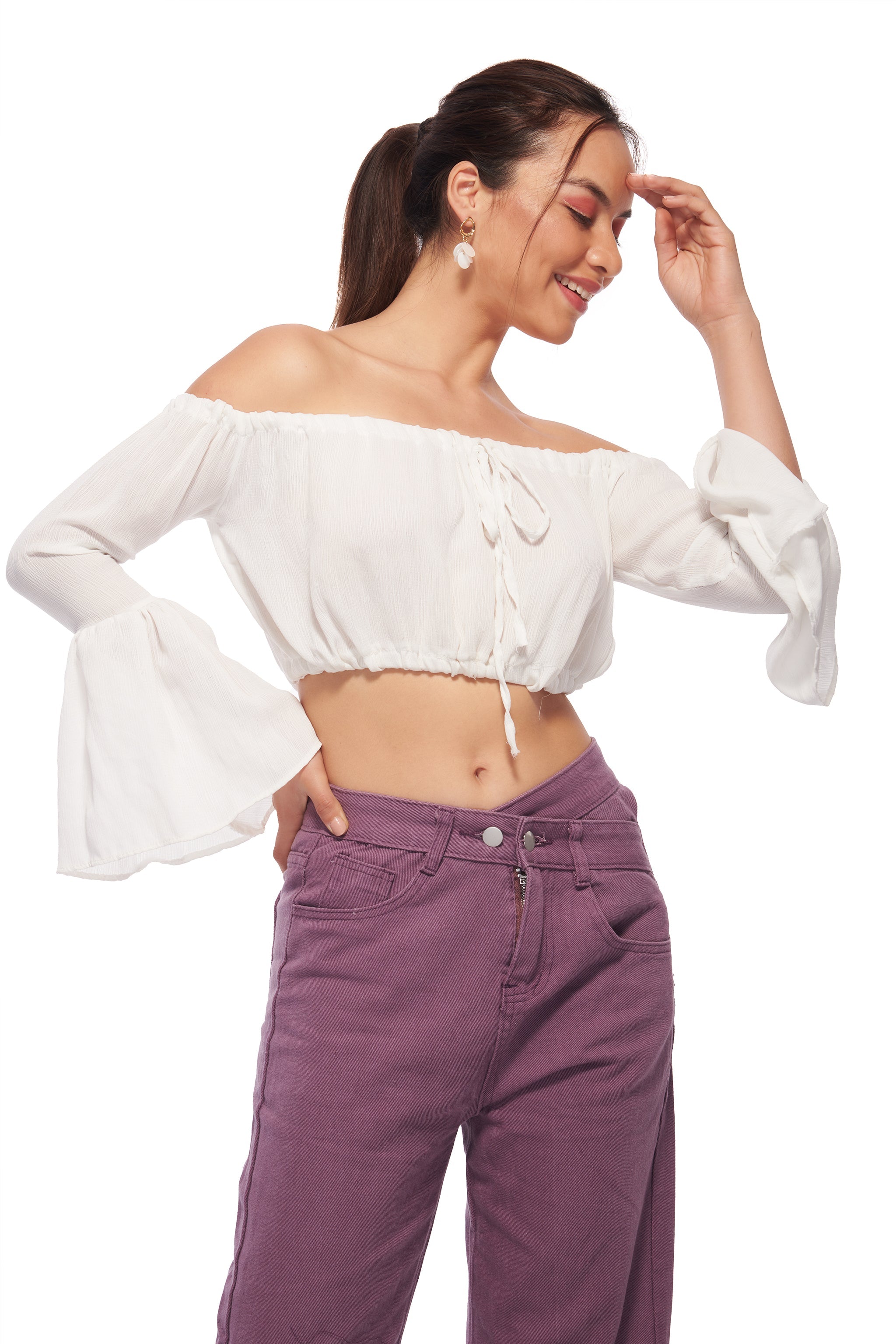 Cottage Core Bell sleeve Crinkle Top – White - view 2