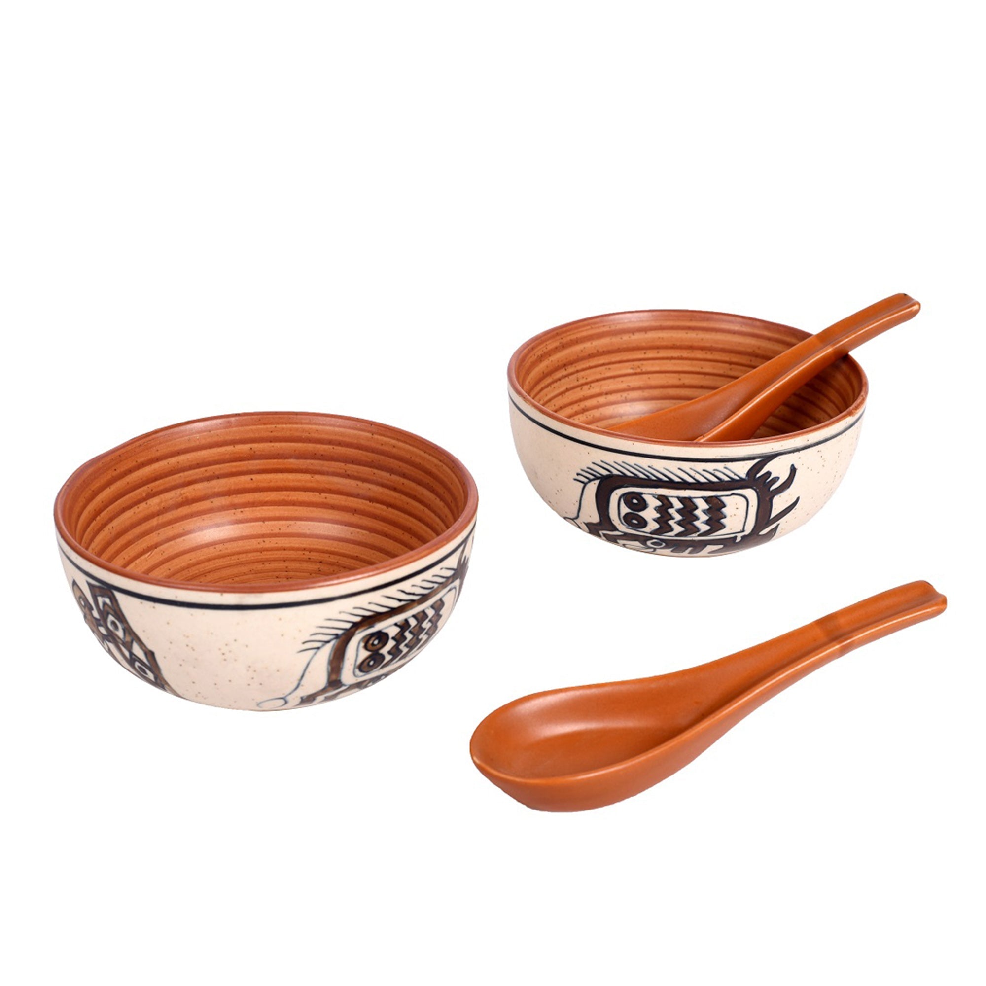 ART CREATIONS BY SUMAN SONTHALIA Beige - Soup Bowl Ceramic Tribal Motif with spoon (Set of 2) (2.2x5) - view 3
