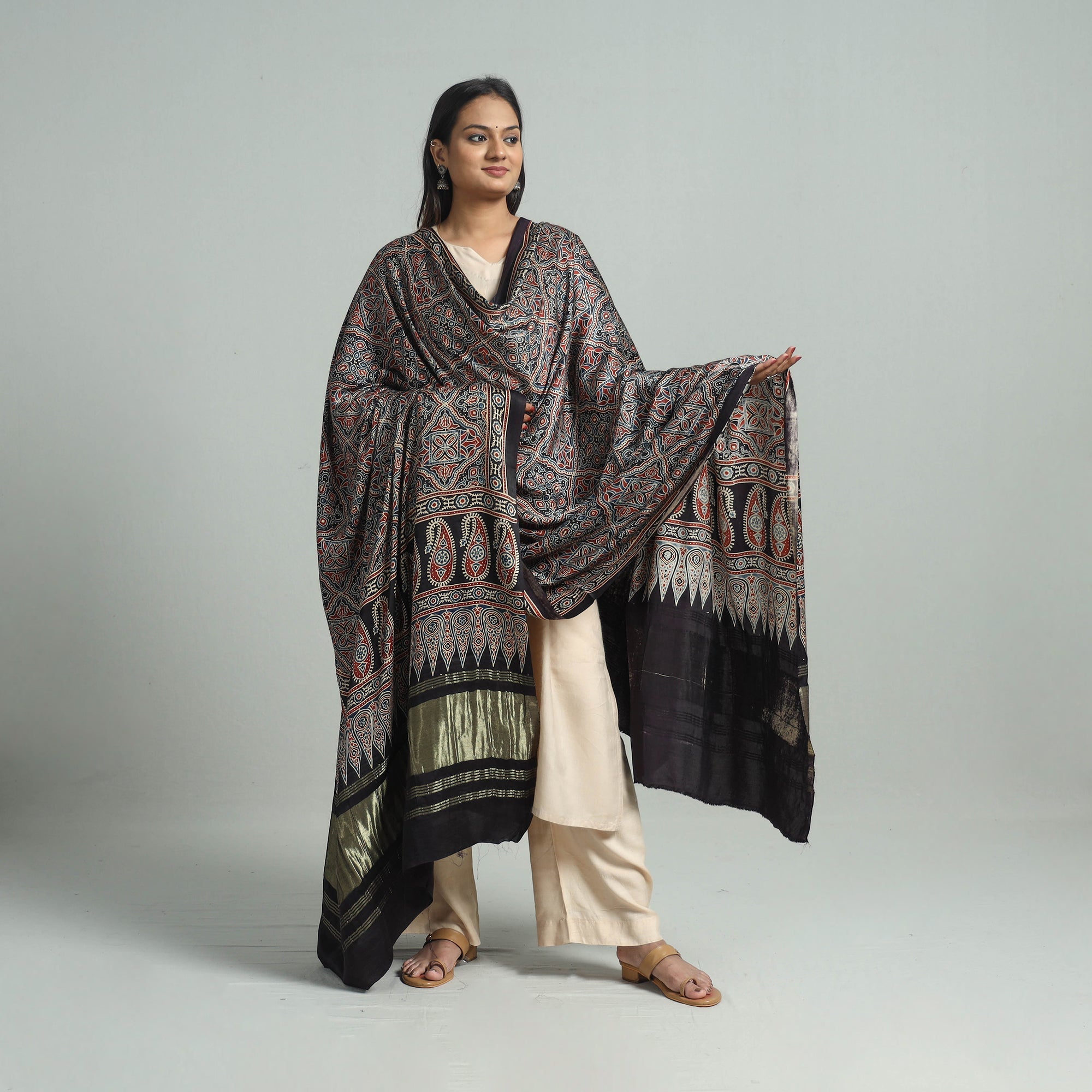 KACHCHH JI CHHAAP Black - Modal Silk Block Print Ajrakh Dupatta 82 - view 2
