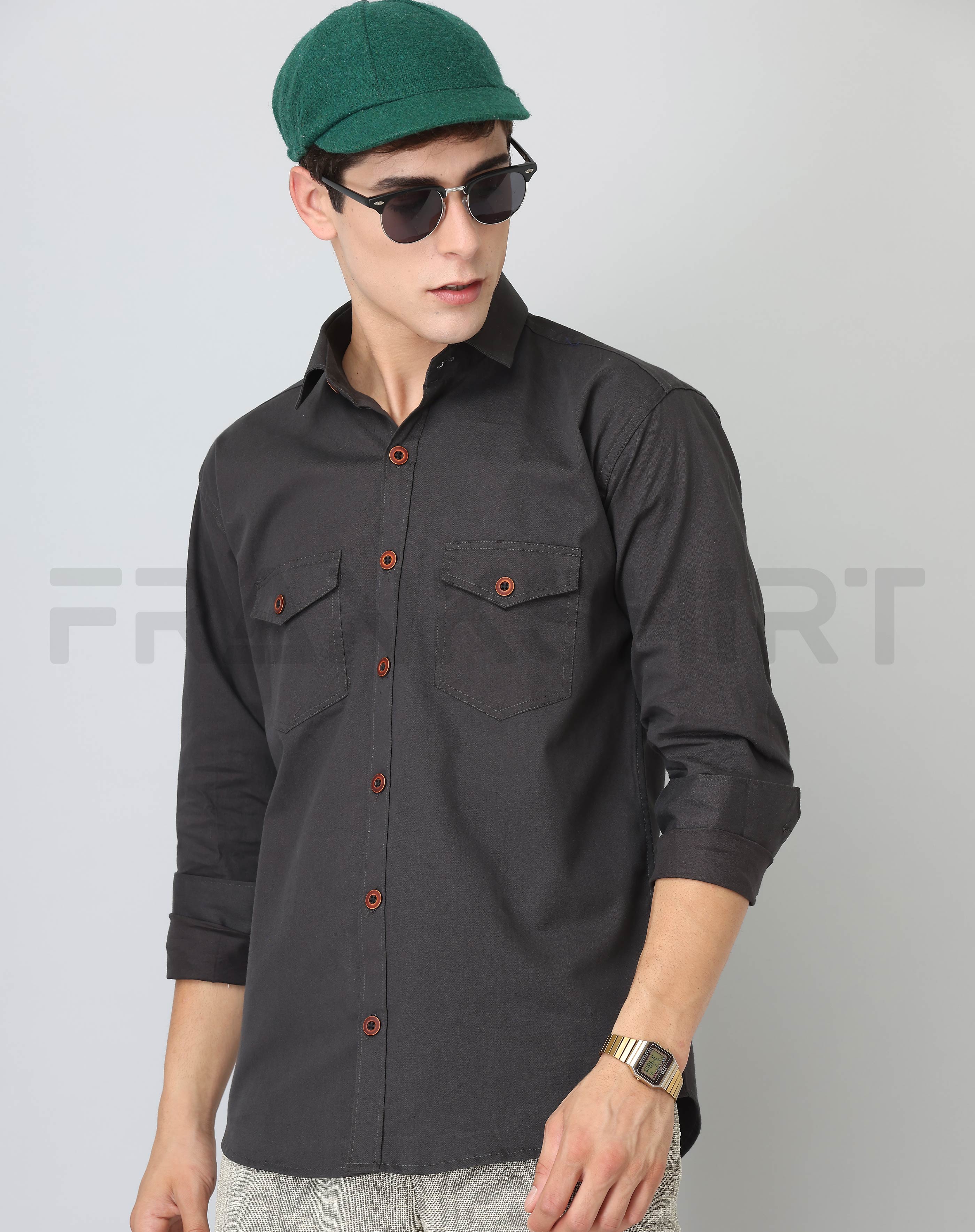 BlackTree Frankshirt Double Pocket Dark Grey Solid Tailored Fit Cotton Casual Shirt for Man