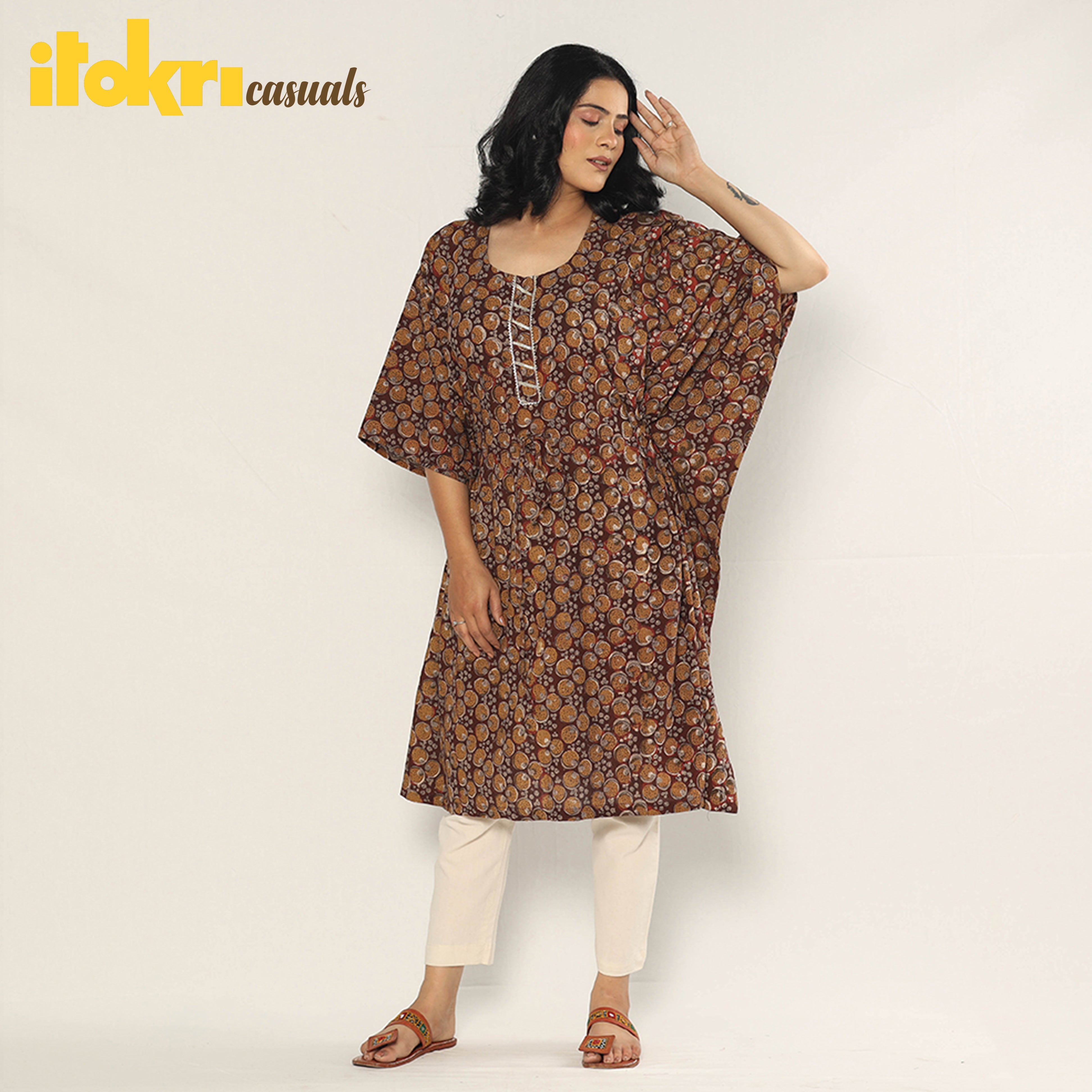 ITOKRI CASUALS Brown - Bagru Dabu Block Printing Cotton Kaftan Dress (Medium) - view 2