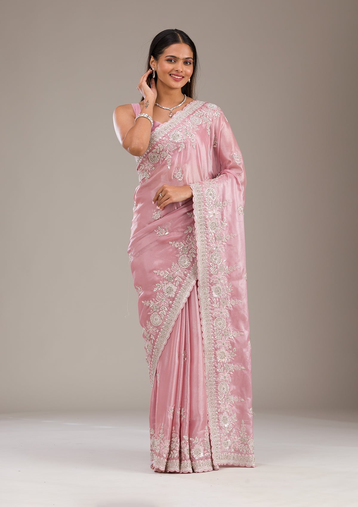 Koskii Pink Zariwork Tissue Saree – Women's - view 6
