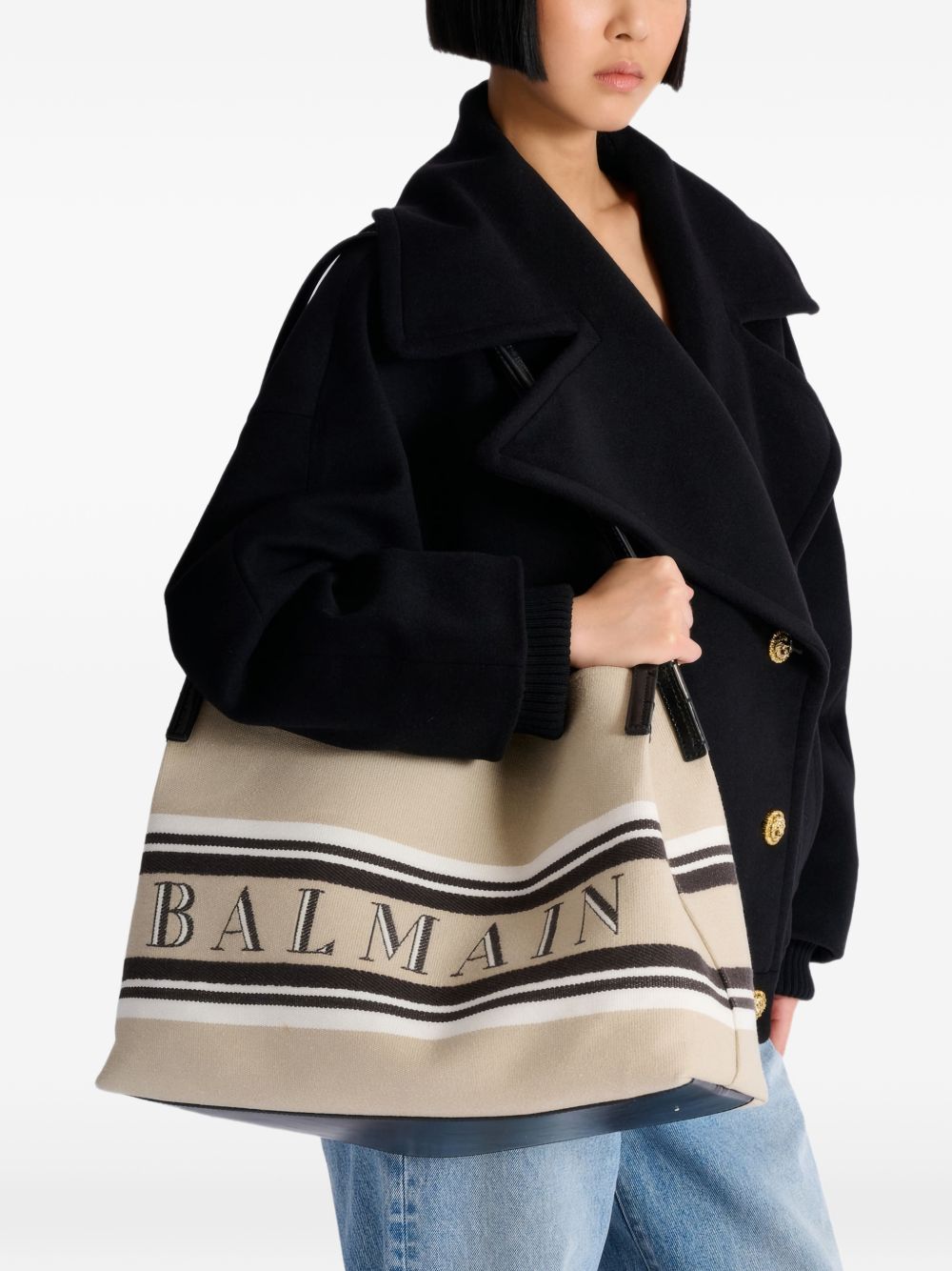 Balmain Medium Release Shopper Bag In Canvas And Calfskin - view 5