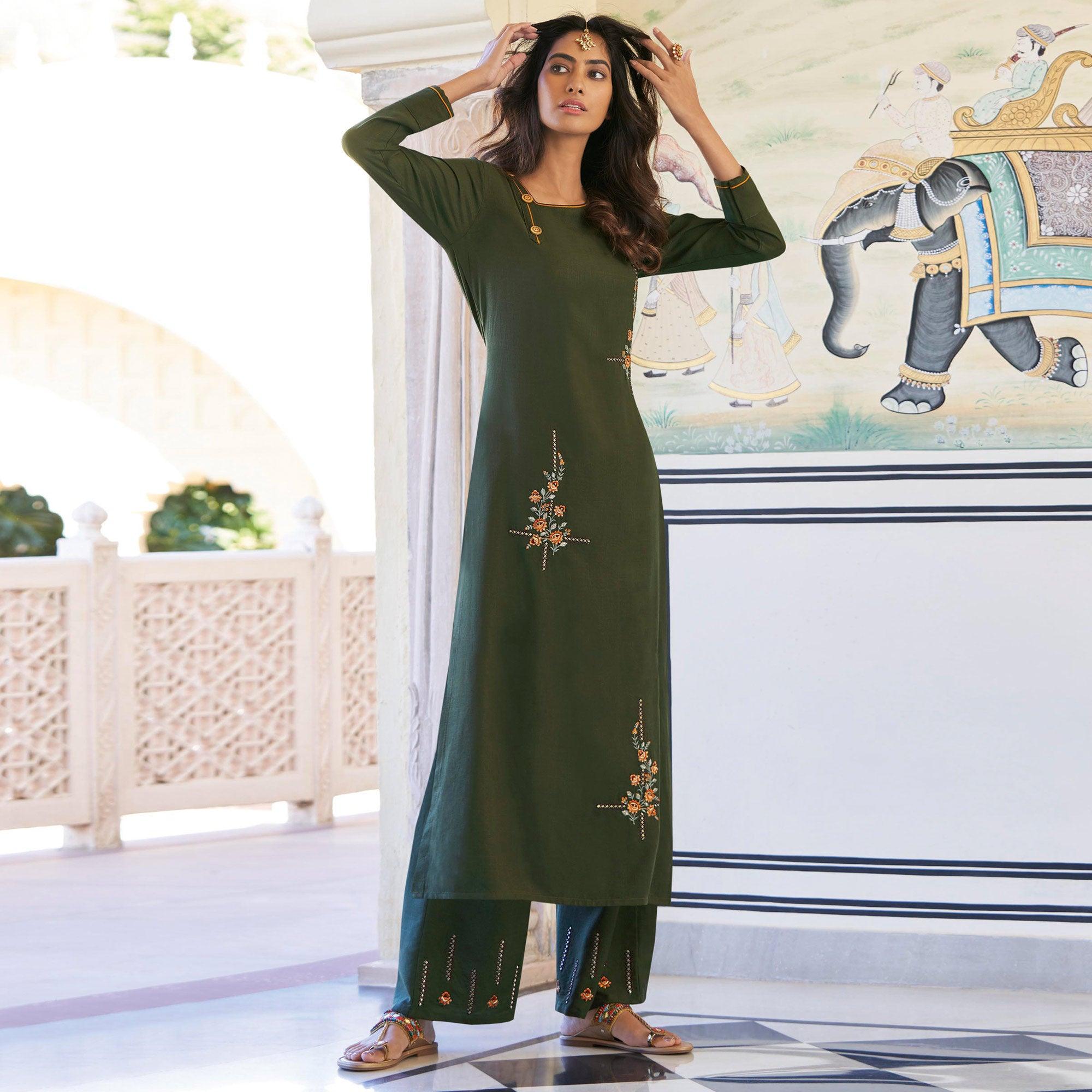 Peachmode Seller Dark Mehendi Green Casual Wear Embroidered Heavy Rayon Kurti - Palazzo Set