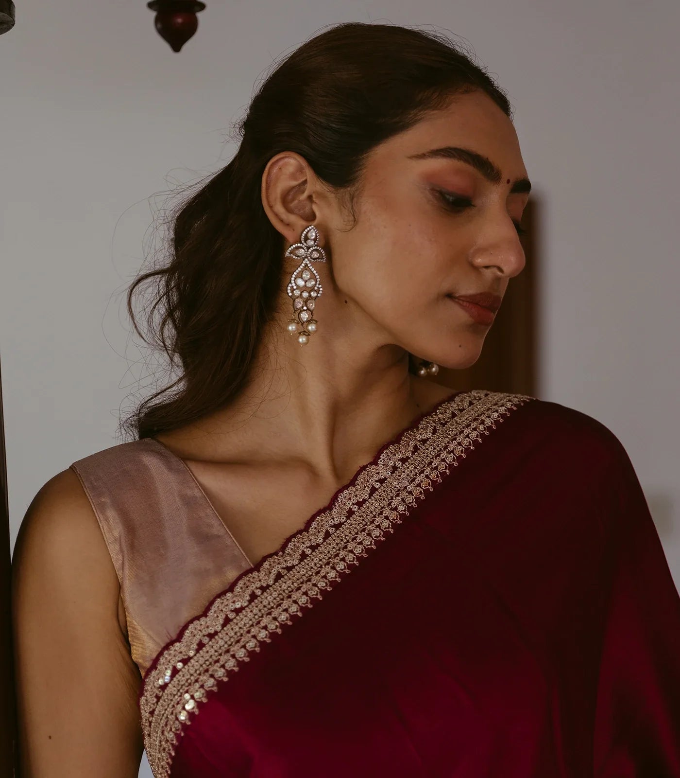RmKV Burgundy Woven Plain Satin Saree With Embroidered Border - view 3