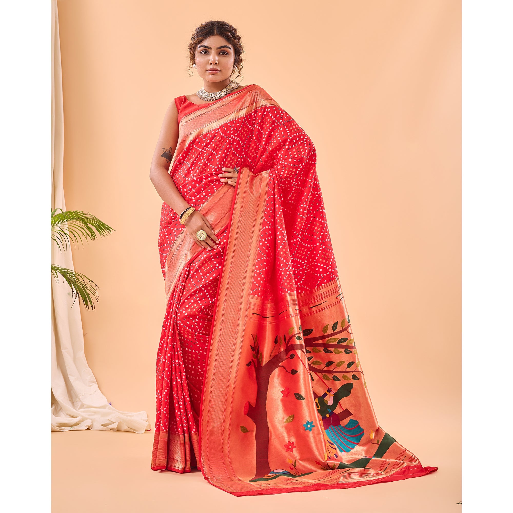 TASARIKA COUTURE Bandhej Paithani Red Paithani Silk Handwork Saree