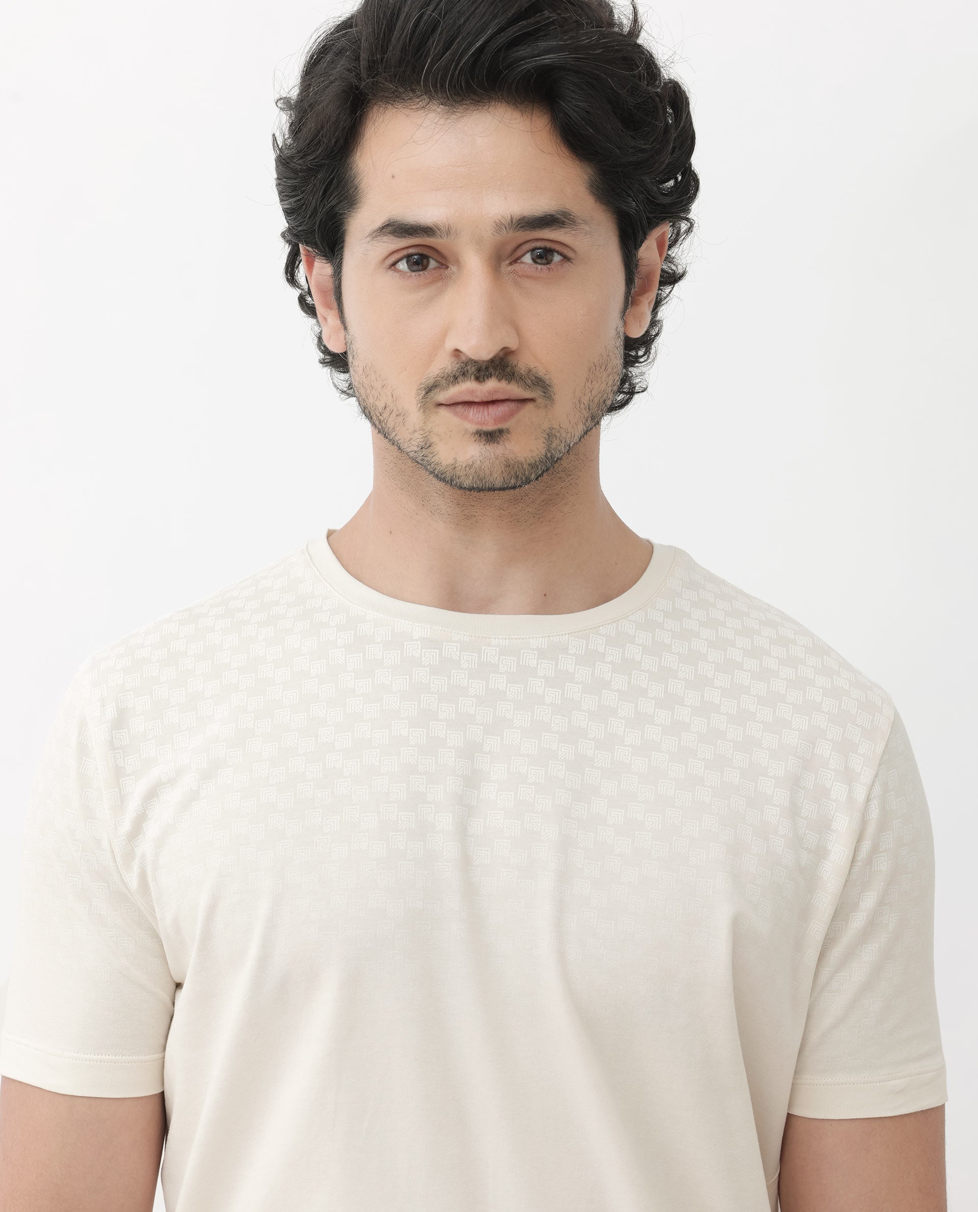 Rare Rabbit Articale Mens Tully Beige Cotton Polyester Fabric Short Sleeve Crew Neck Regular Fit Monogram Printed T-Shirt - view 5