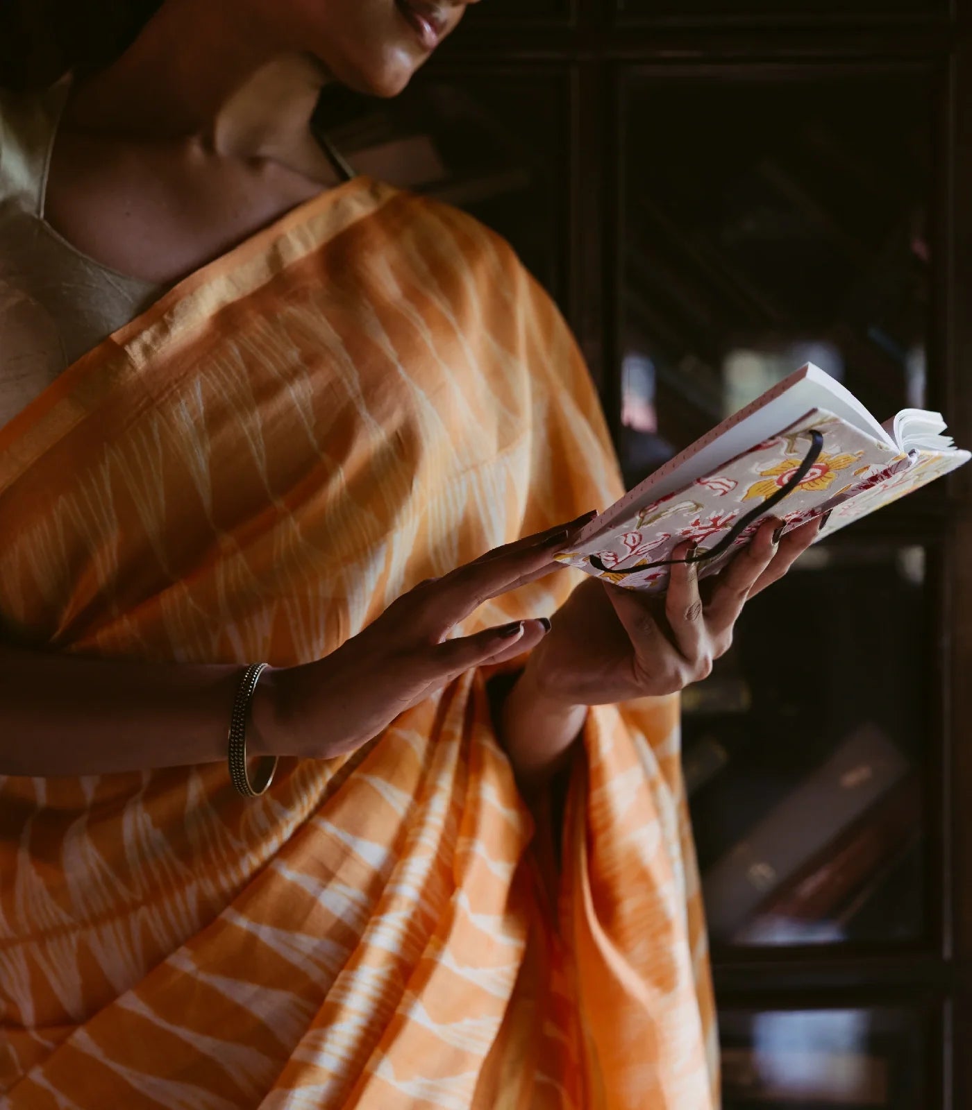 RmKV Orange Handloom Chanderi Cotton Saree With Triangular motifs in Shibori dyed technique - view 2
