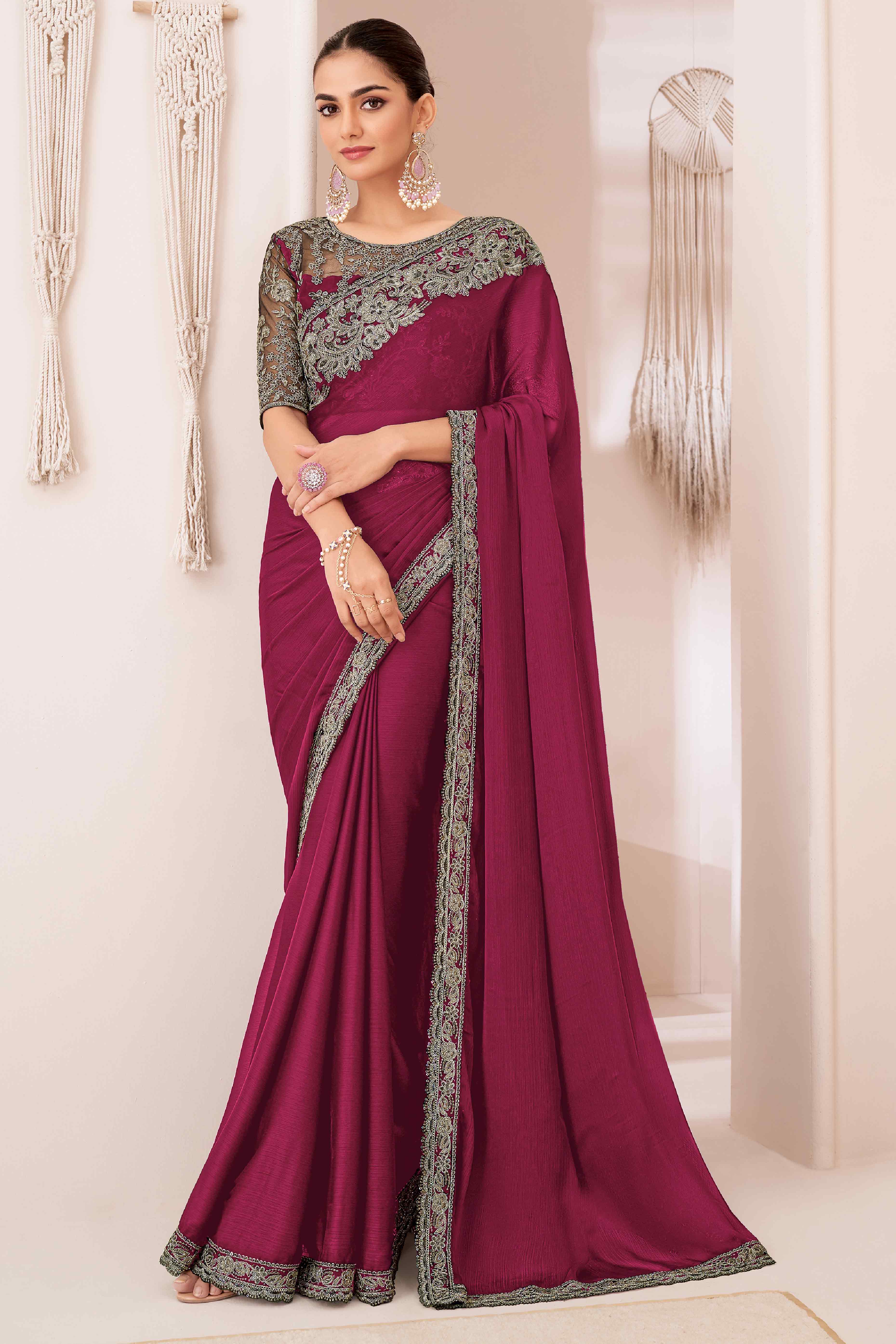 Peachmode Dark Magenta Floral Sequins Embroidered Georgette Saree