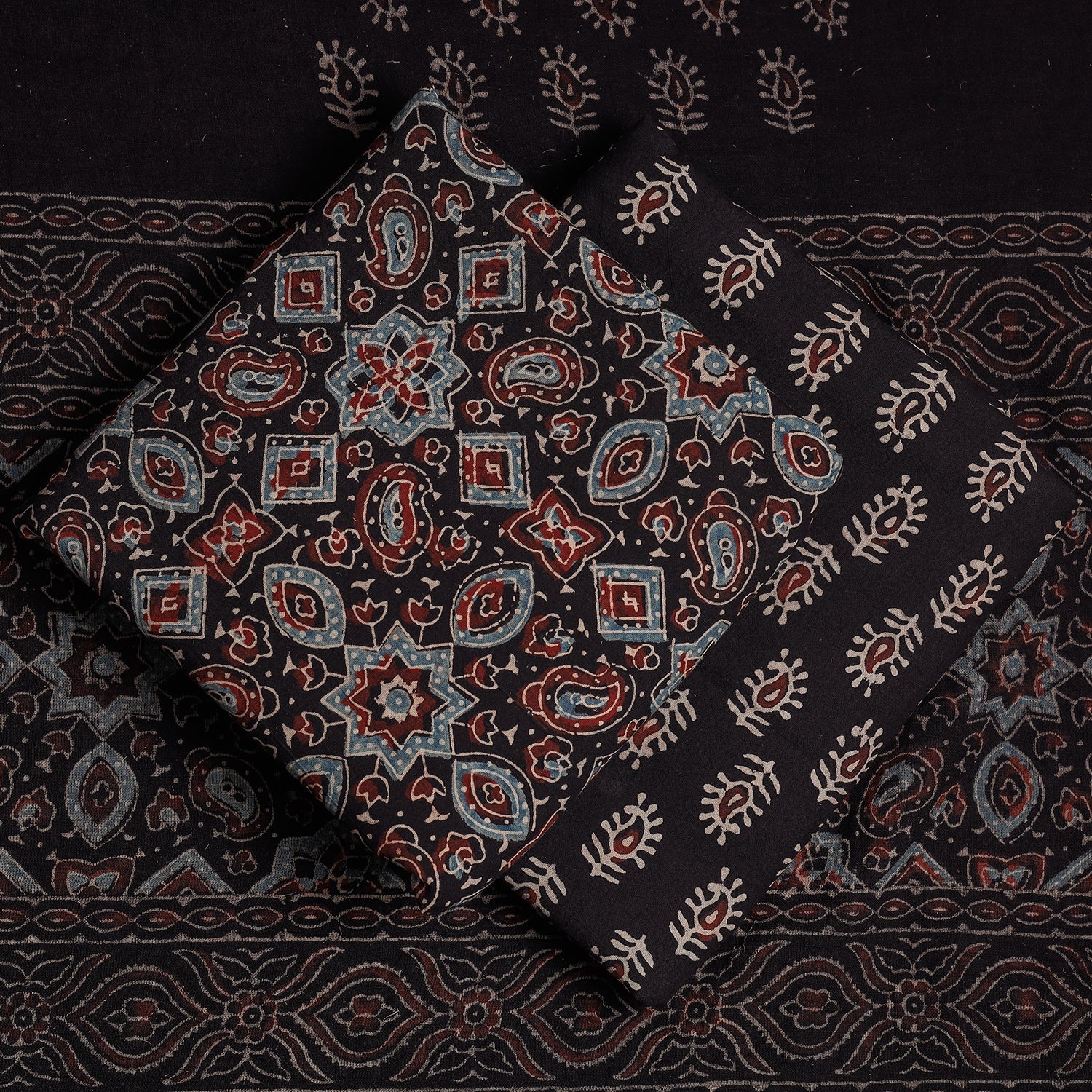 KACHCHH JI CHHAAP Black - 3pc Ajrakh Block Printed Cotton Suit Material Set - view 2