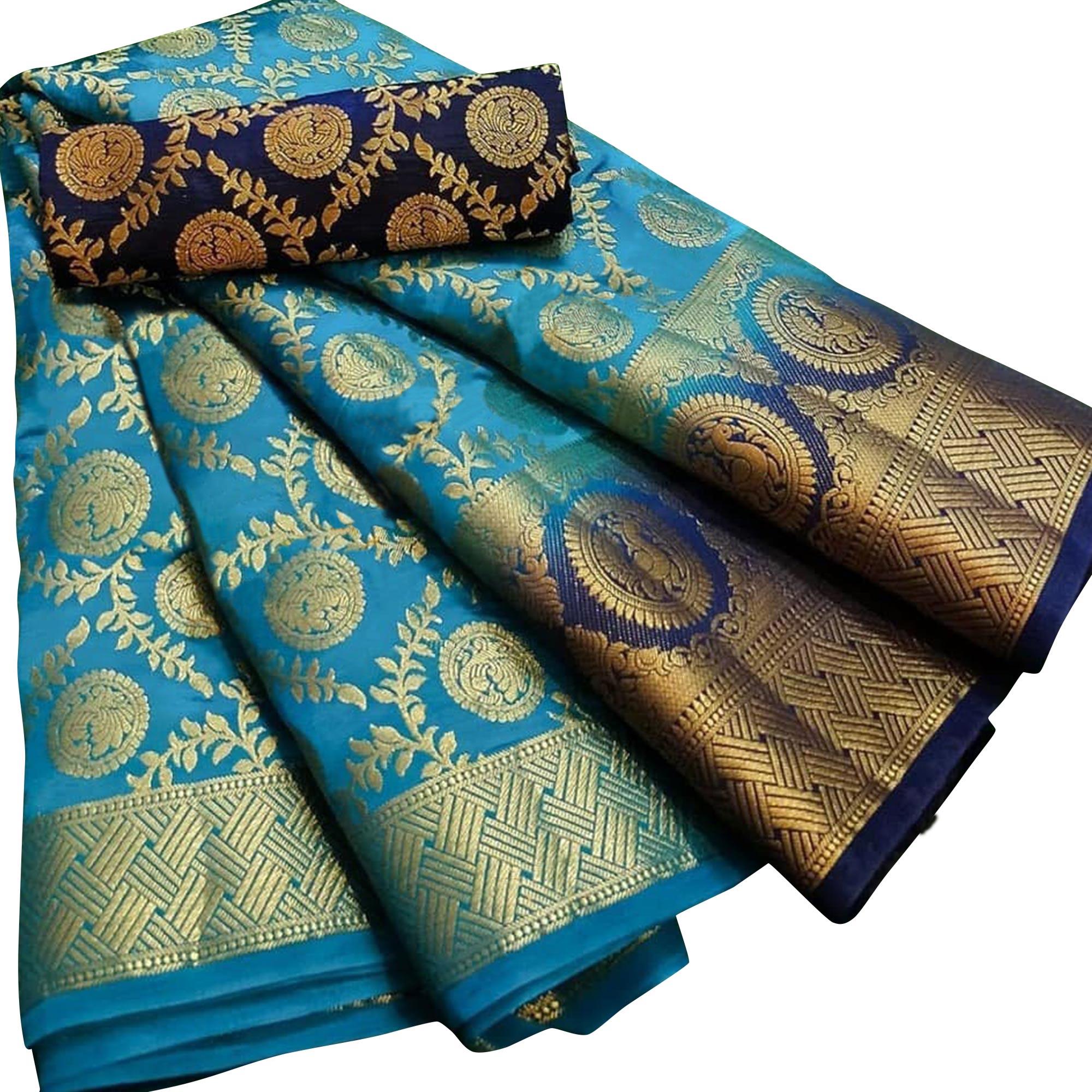 Peachmode Impressive Sky Blue Colored Festive Wear Woven Silk Blend Saree