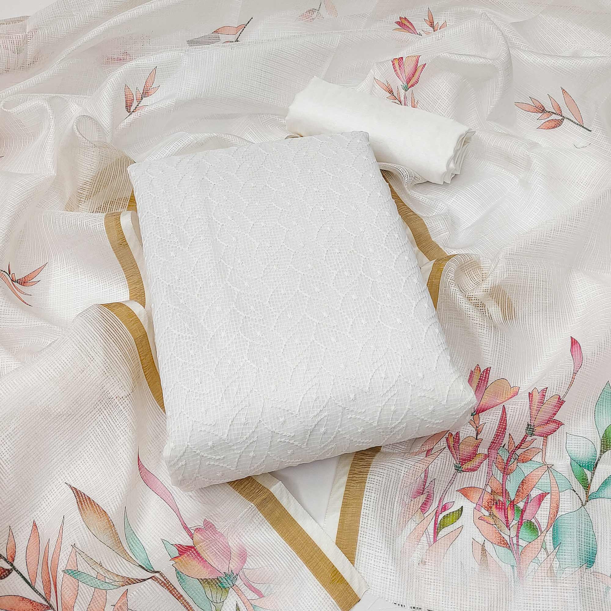 Peachmode White Embroidered Kota Doria Dress Material