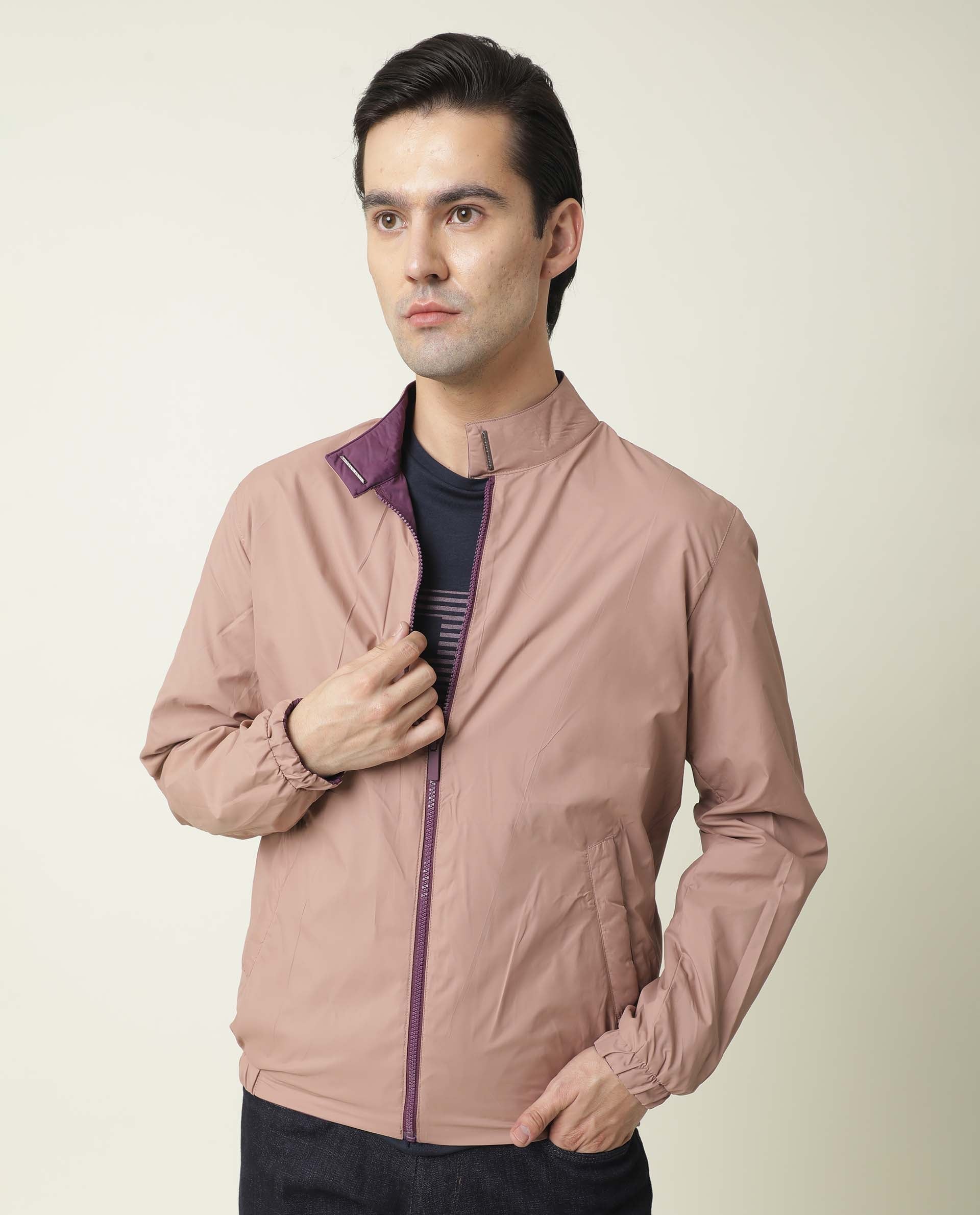 Rare Rabbit Men's Adol Dark Maroon Plain Lightweight Band Collar Reversible Jacket - view 3