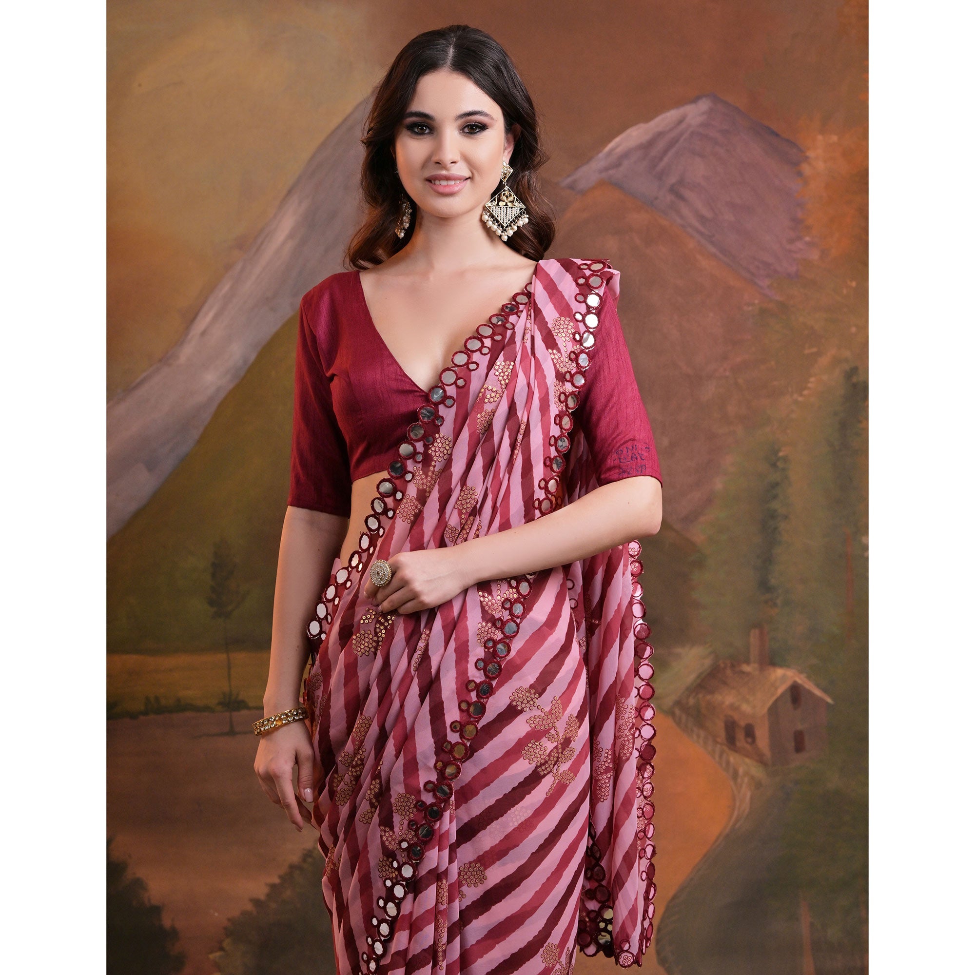 Peachmode Maroon Leheriya With Floral Foil Printed Georgette Saree - view 6