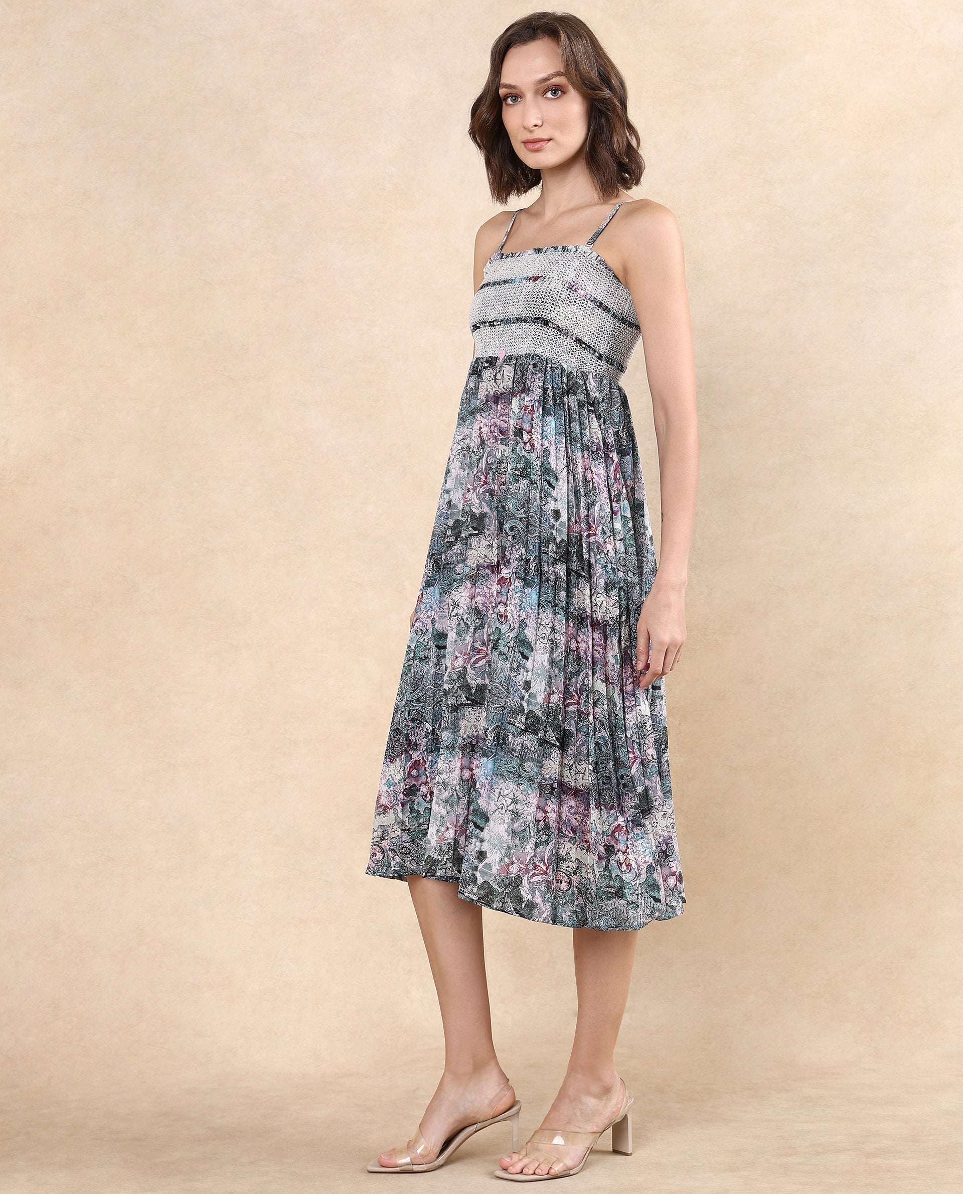 Rareism Women Phanks Multi Polyester Fabric Sleeveless Tube Neck Fit And Flare Midi Abstract Print Dress - view 4