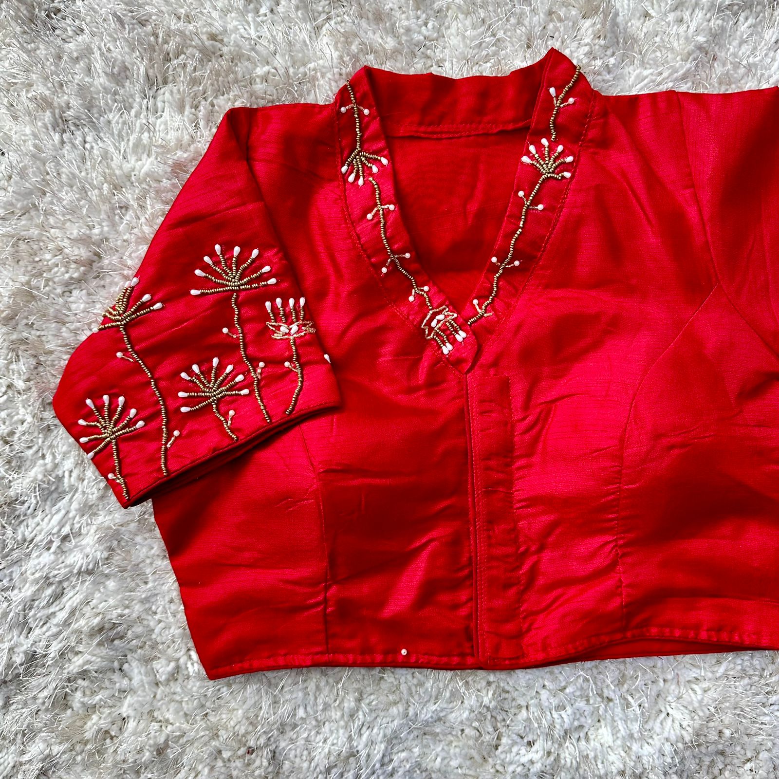 ClothsVilla Red Pista Silk Blouse with Handwork and Designer Handcrafted Collar - view 2