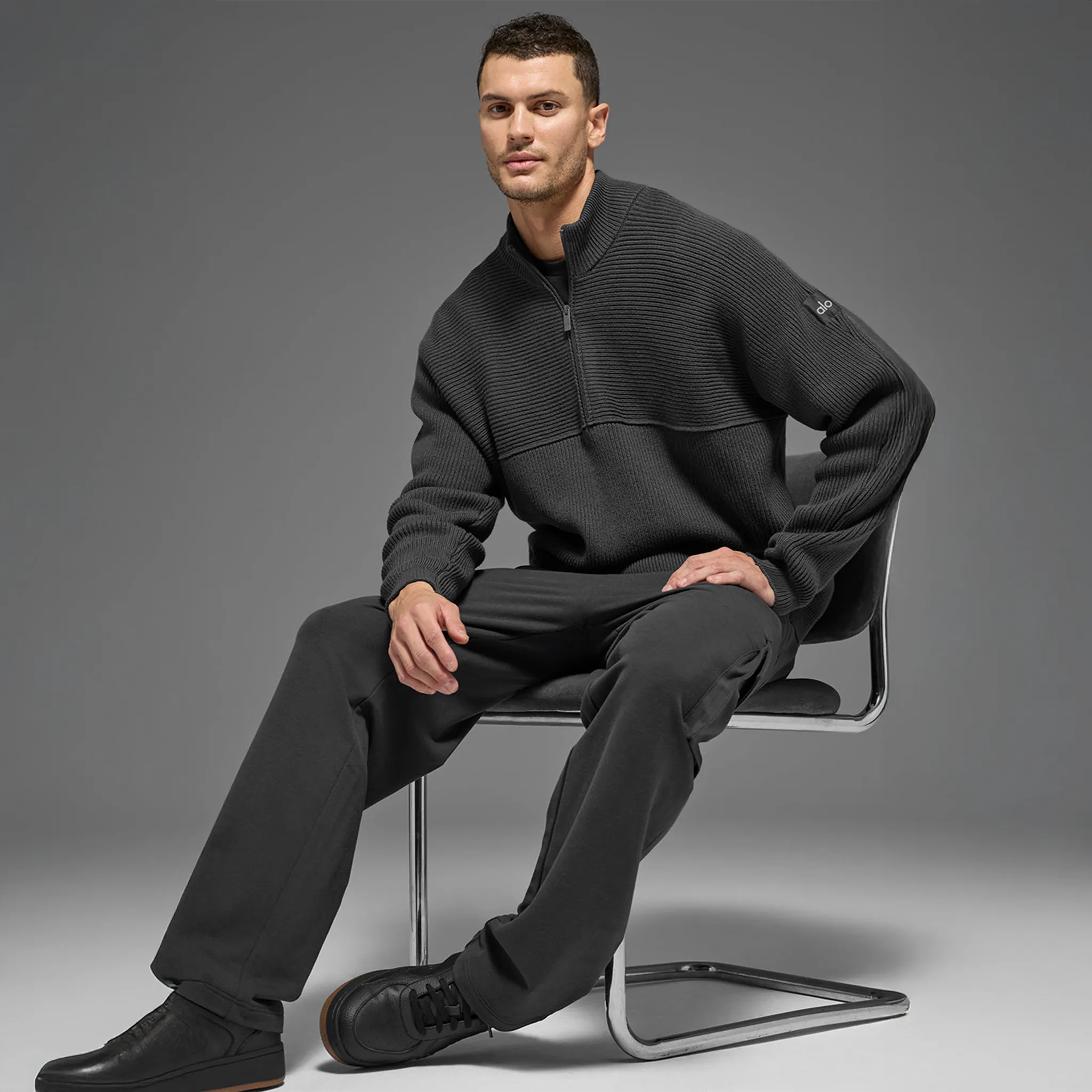 Alo Yoga Domain Shift Rib Knit 1/4 Zip Anthracite Sweatshirt - view 4