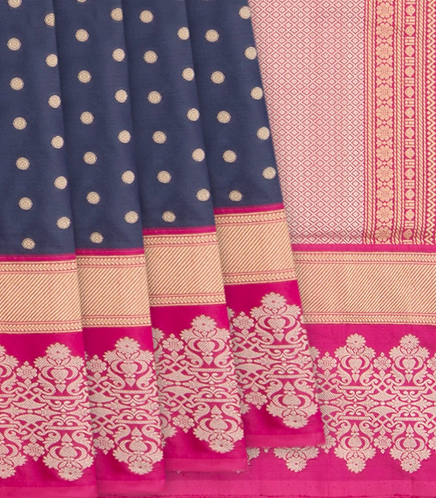 RmKV Blue Handwoven Benarasi Silk Saree With Dotted Motifs & Floral Motifs in Contrast Pink Border-Blue