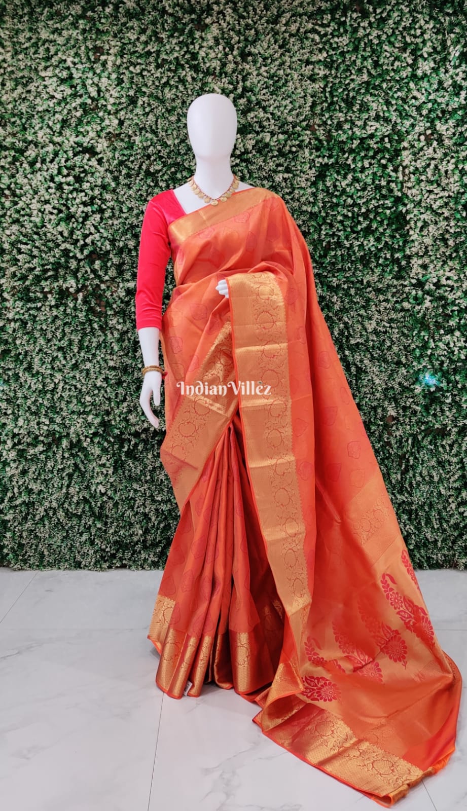 IndianVillèz Orange Kanchipuram Silk Saree – Women's