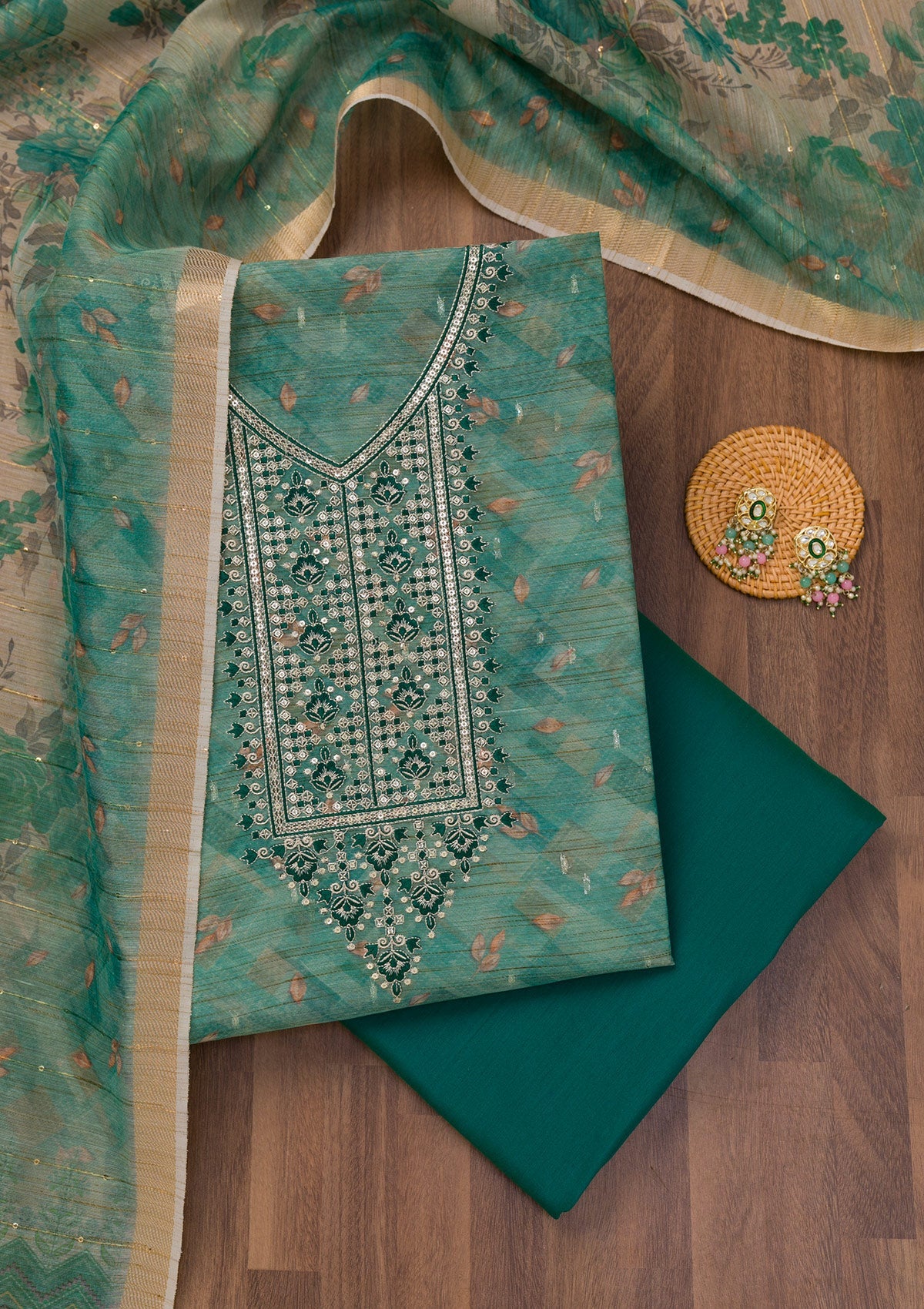 Koskii Sea Green Printed Raw Silk Unstitched Salwar Suit