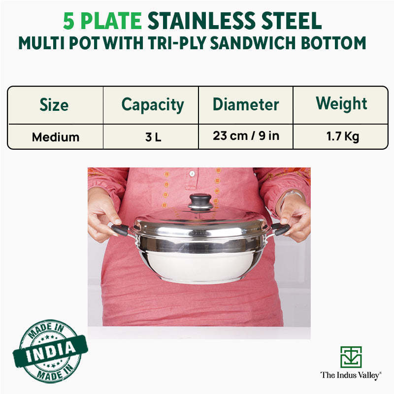 The Indus Valley Tri-Steel Premium Stainless Steel Idli/ Dhokla/ Momo Maker/ Multi Pot/ Veg Steaming Set, Tri-ply Induction Bottom, 5 Plates, 4 pit - view 3
