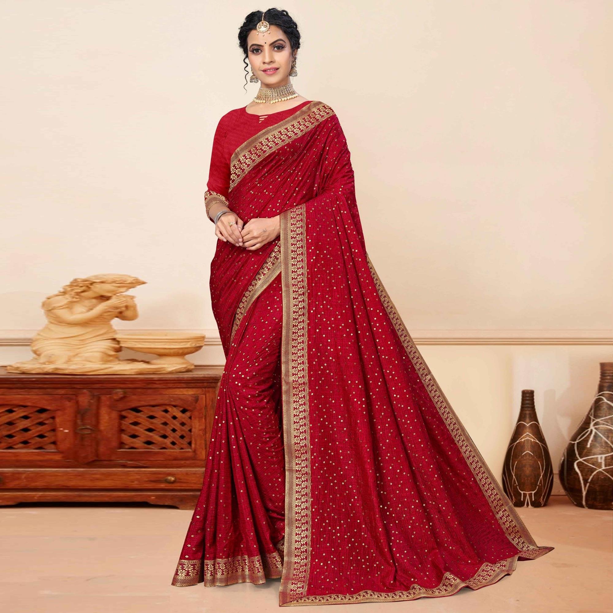 Peachmode Maroon Sequins Embroidered Vichitra Silk Saree