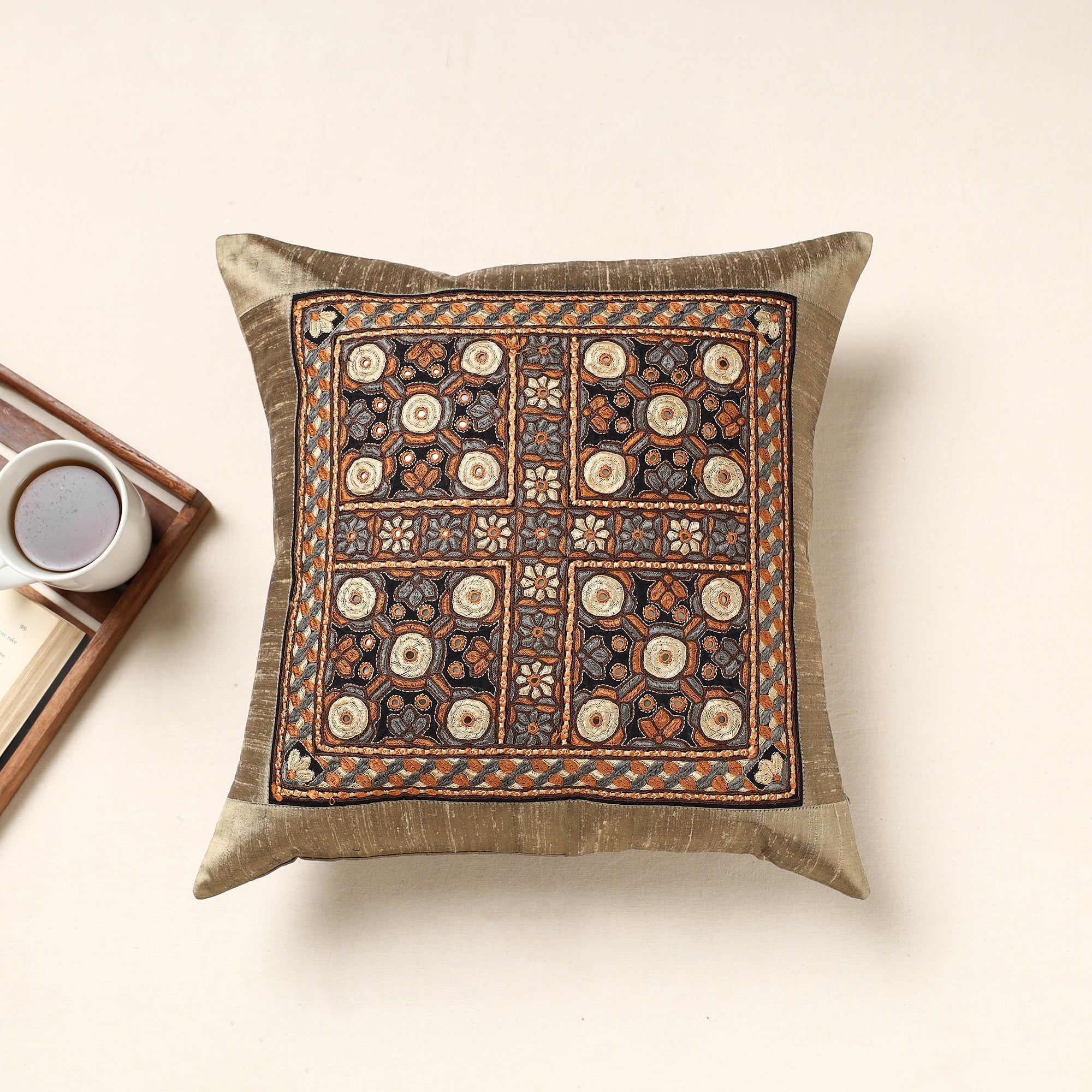 QASAB Brown - Kutch Pakko Hand Embroidery Silk Cushion Cover (16 x 16 in)