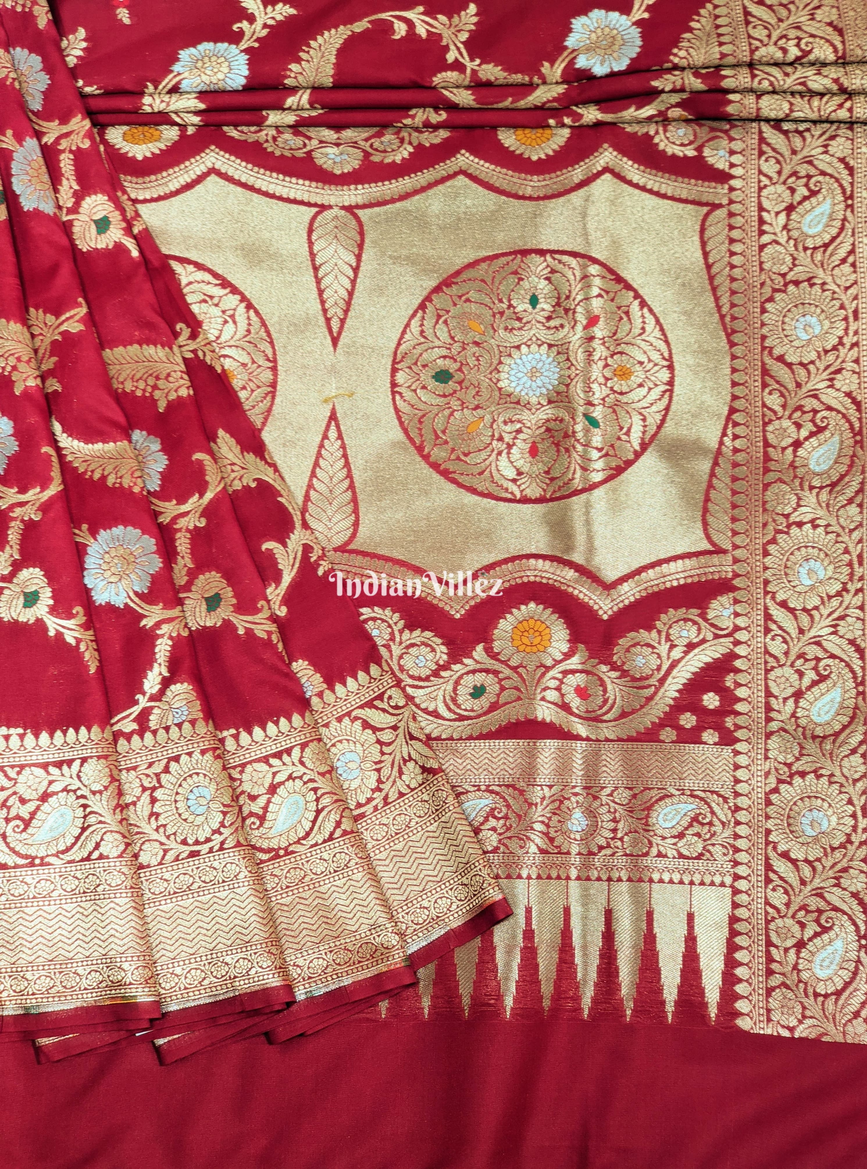 IndianVillèz Red Floral Design Pure Banarasi Katan Saree