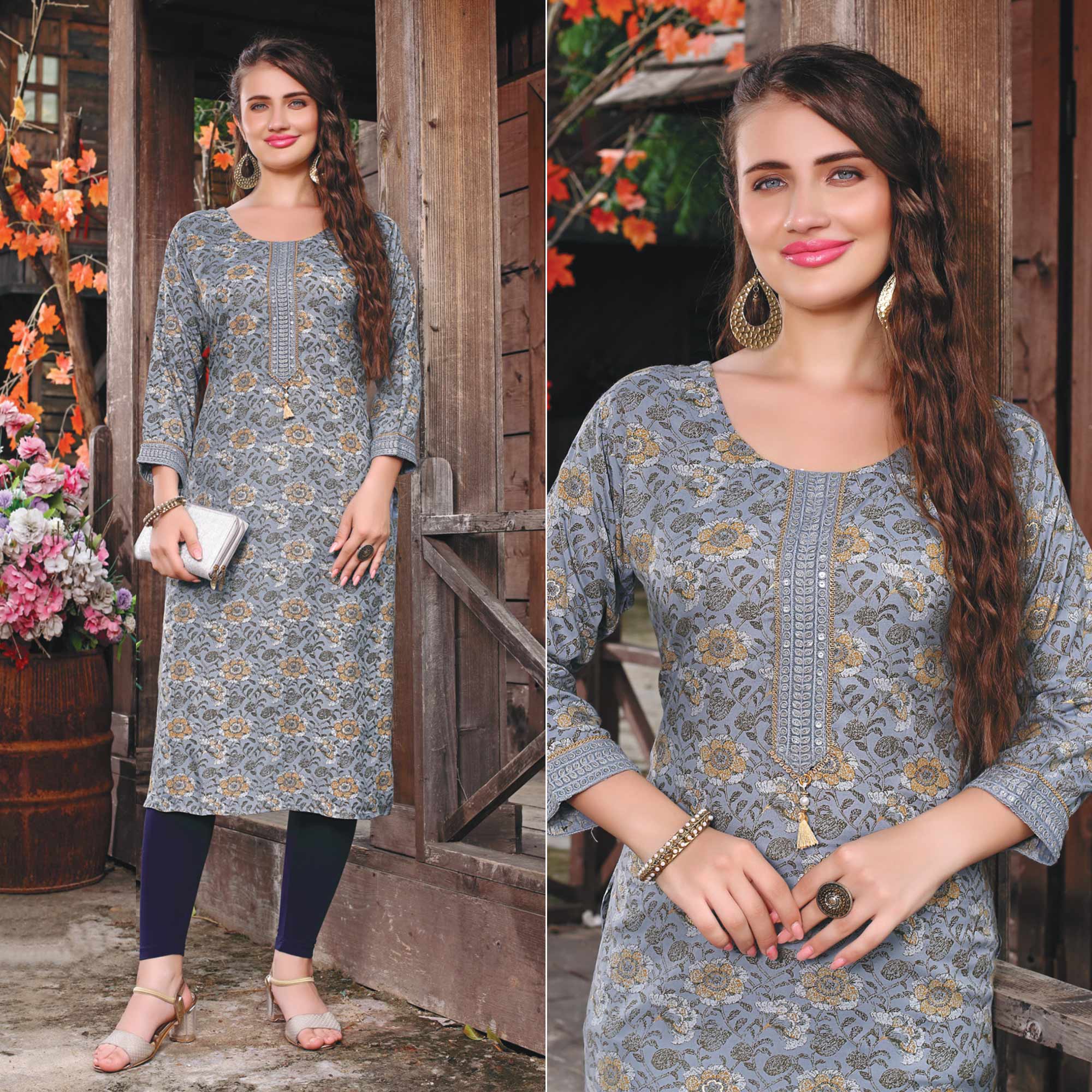 Peachmode Seller Light Grey Printed Muslin Kurti