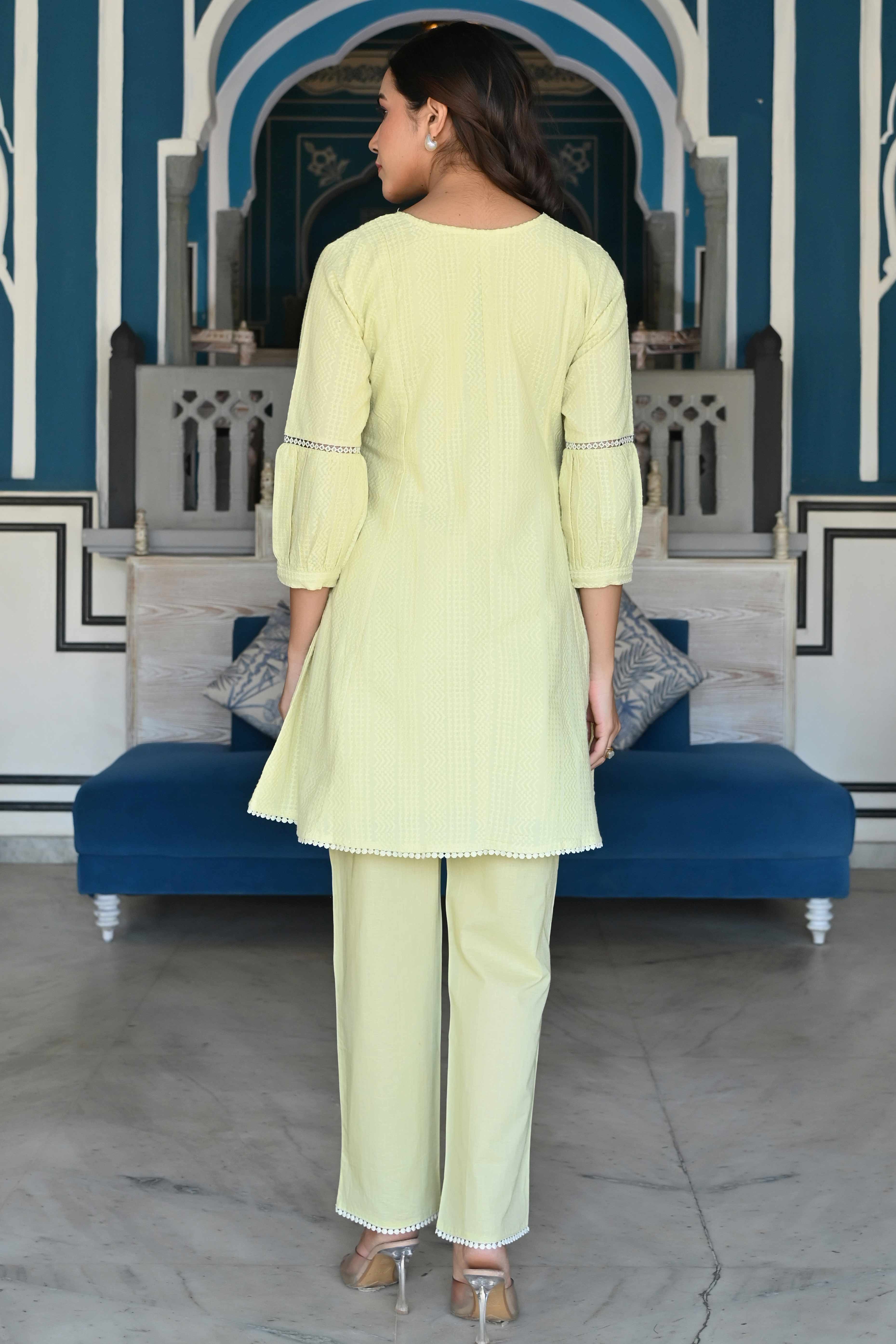 Peachmode Lemon Yellow Dobby Work Pure Cotton Co-Ord Set - view 7