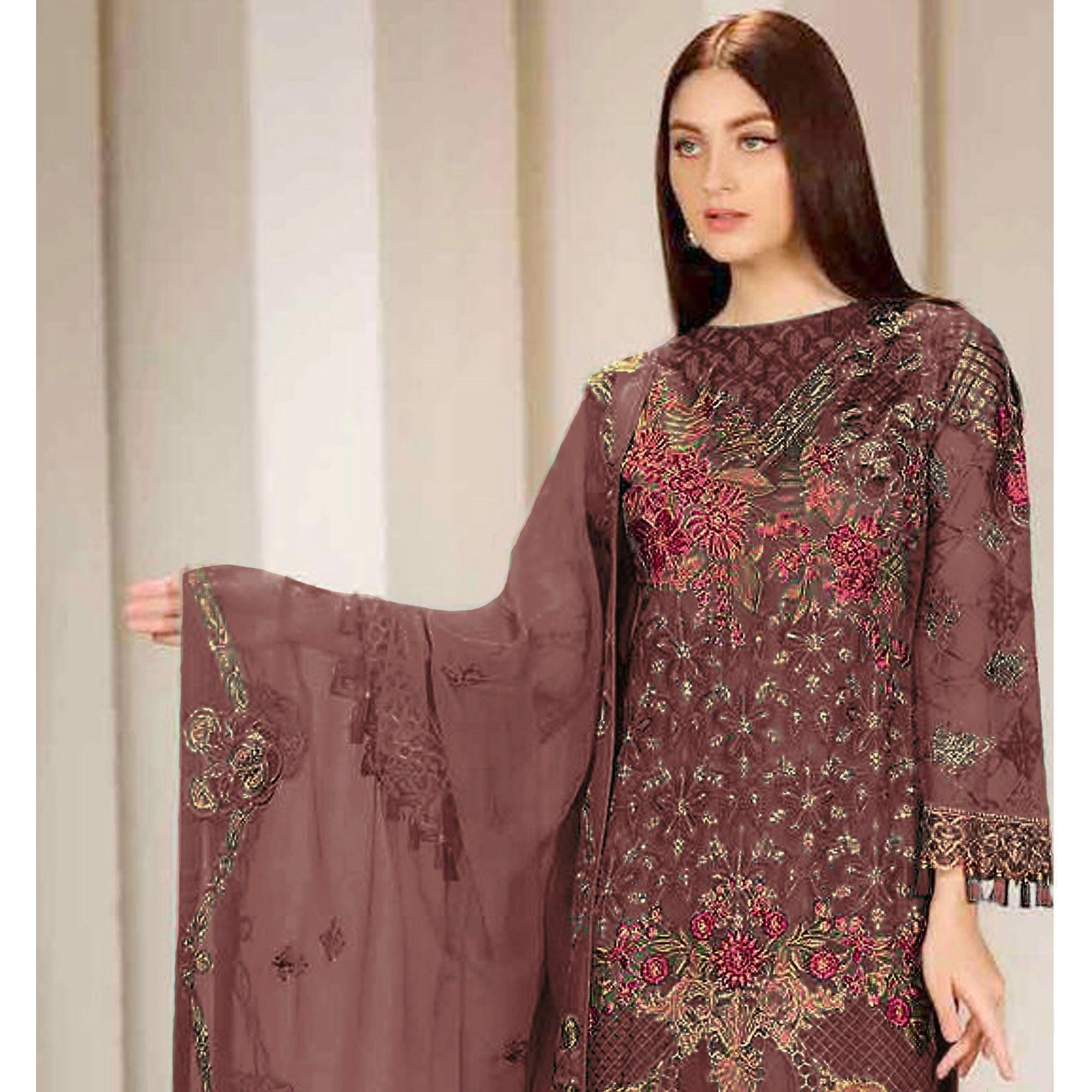 Peachmode Brown Embroidered Georgette Pakistani Suit - view 3