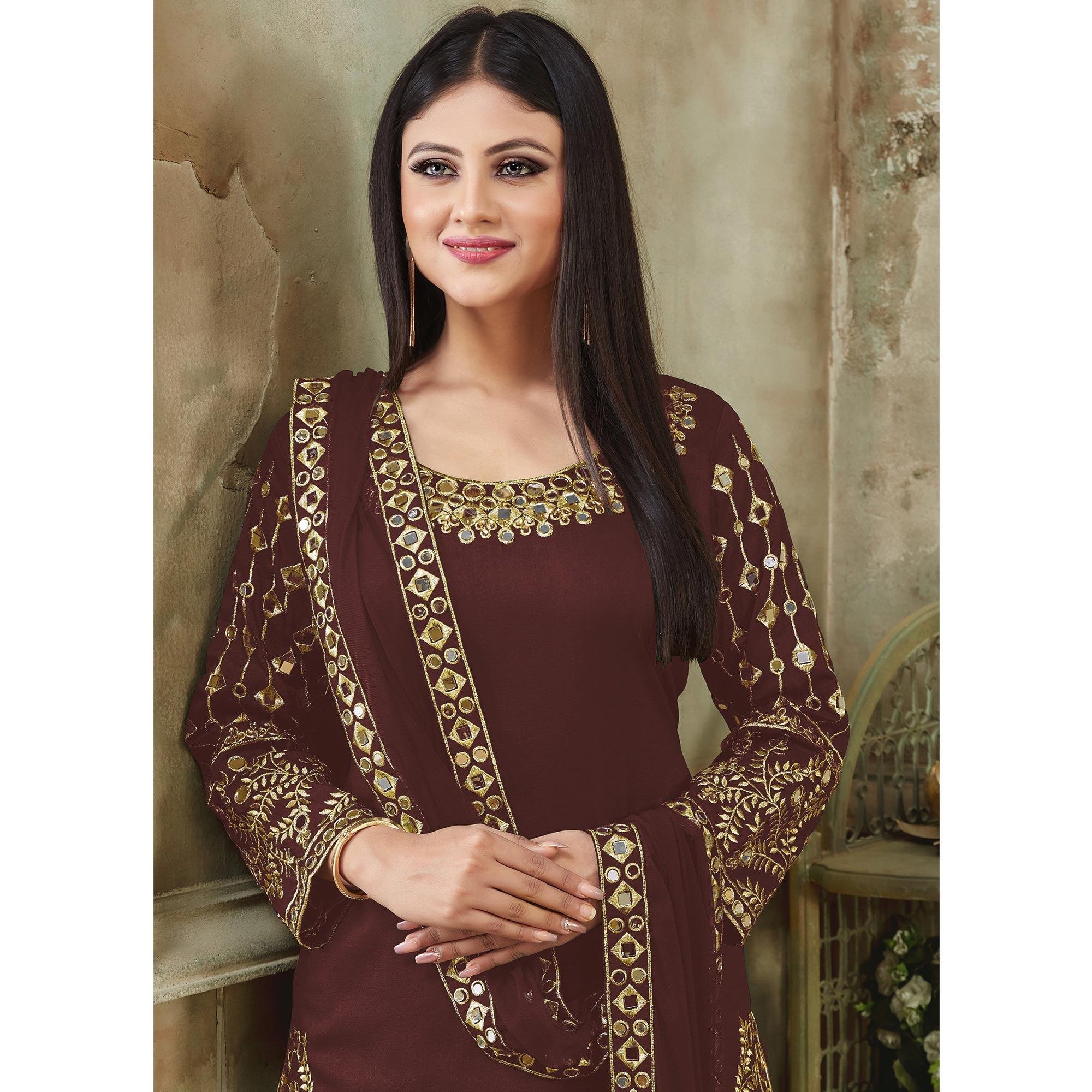 Peachmode Brown Embroidered Georgette Patiala Suit - view 4