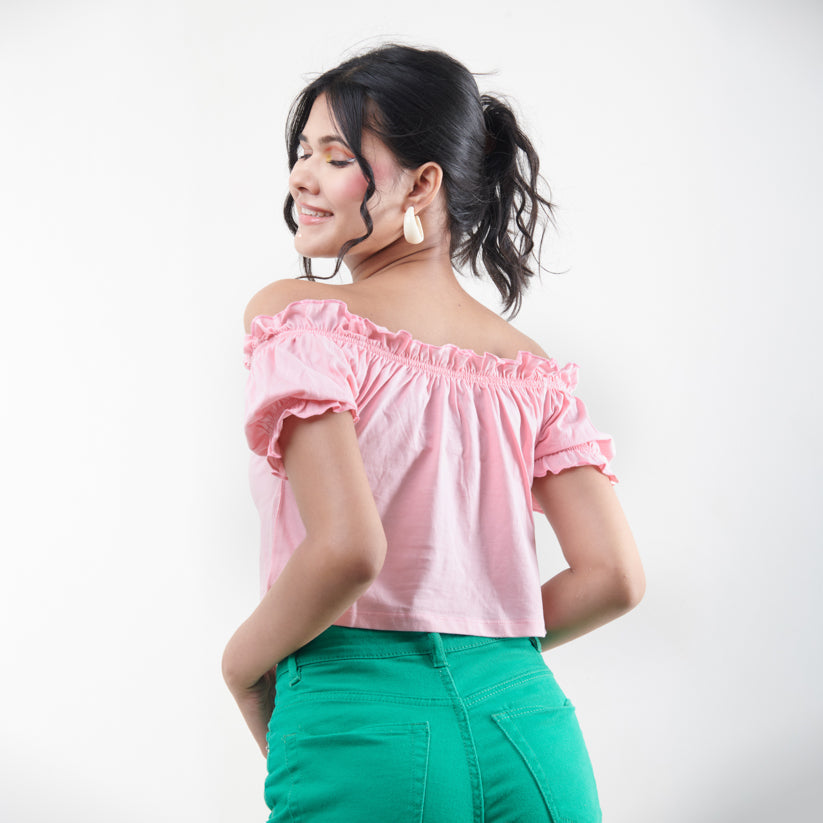 Cottage COre Plain Knit Crop Top – Pink - view 3