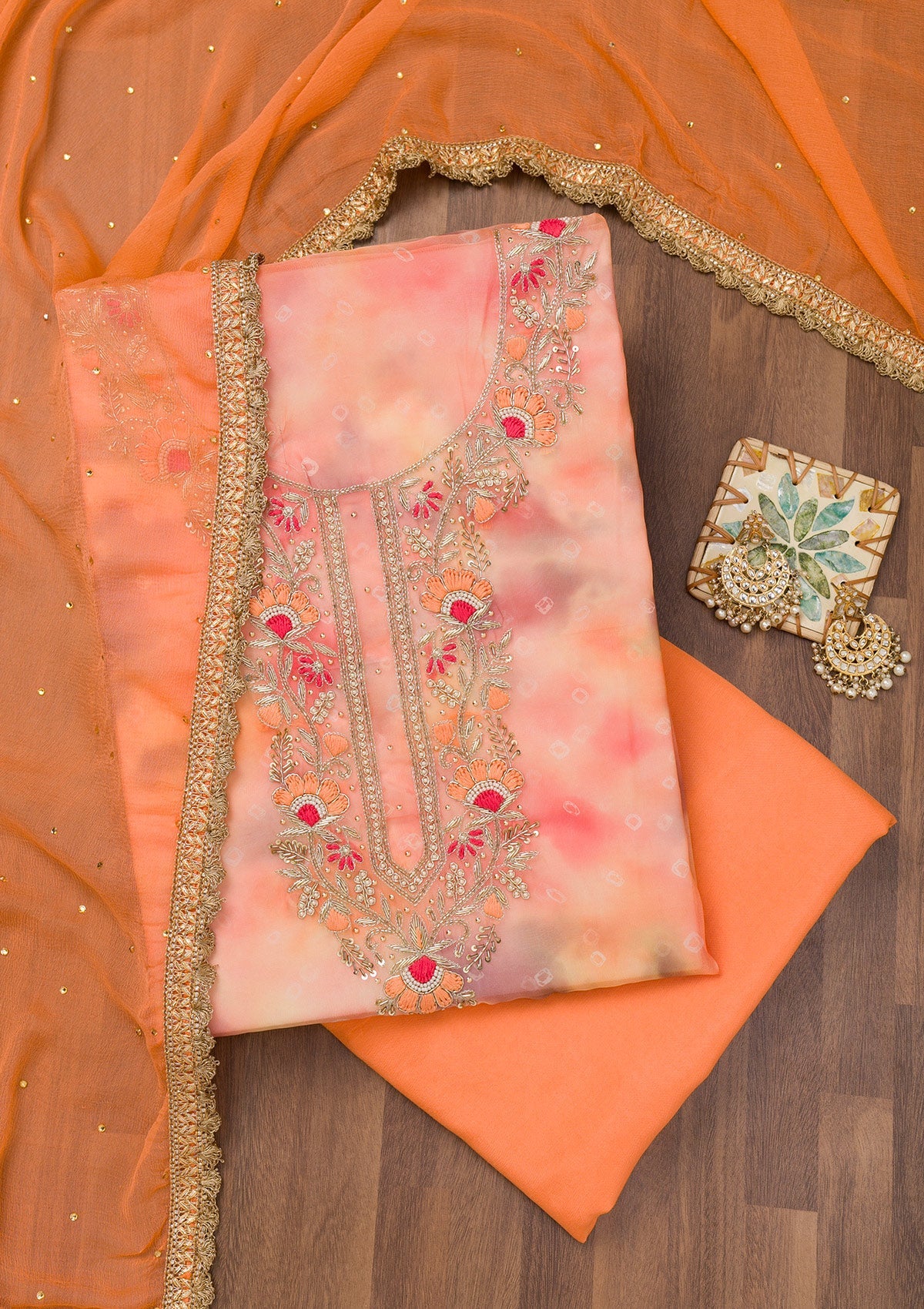 Koskii Peach Zariwork Organza Unstitched Salwar Suit