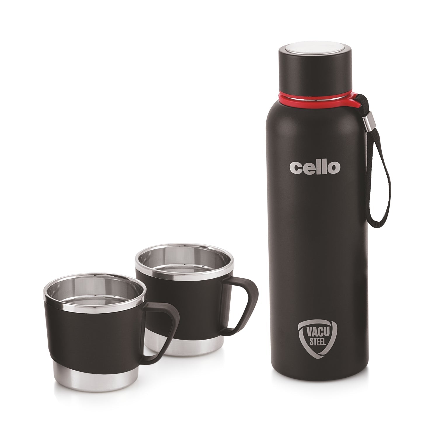 Cello Kent Vacusteel Flask with Mugs Gift Set, 3 Pieces