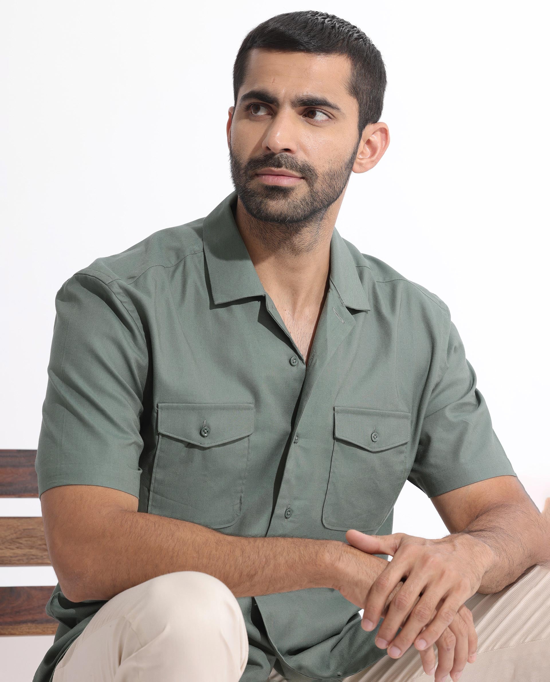 Rare Rabbit Men's Salford Dusky Green Cuban Collar Half Sleeves Two Flap Pocket Solid Shirt