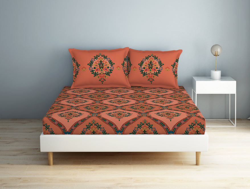 Spaces India Floral Shrimp - Dark Blush 100% Cotton Double Bedsheet - Aurum By Spaces