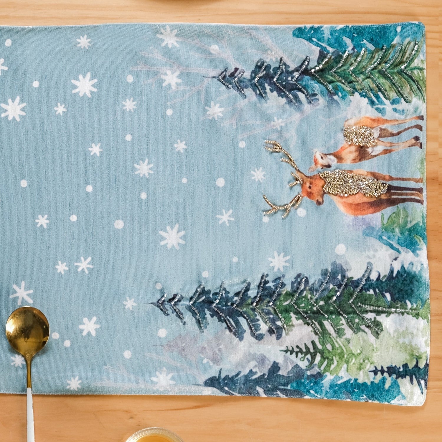 Nestasia Stag And Doe In Snow Print Embellished Dining Table Runner - view 2