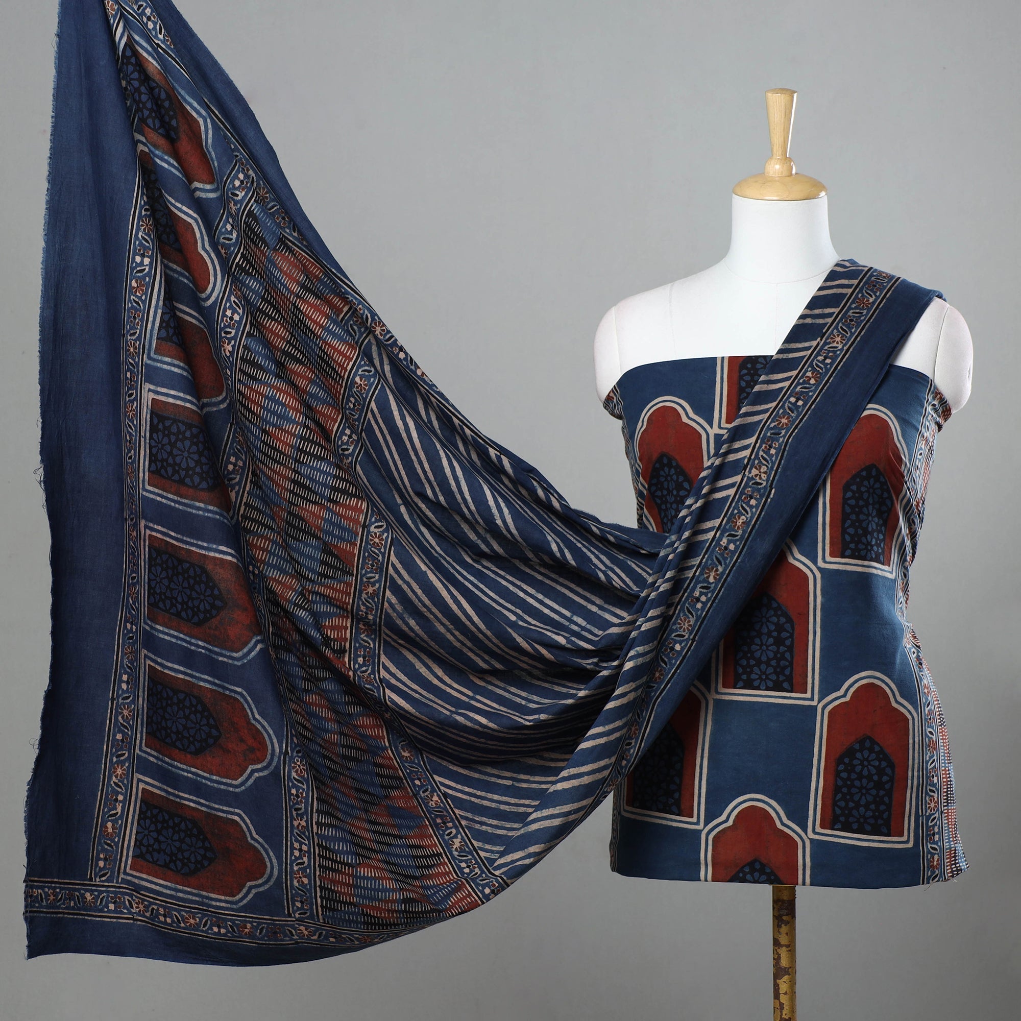 KACHCHH JI CHHAAP Blue - 3pc Ajrakh Hand Block Printed Cotton Suit Material Set