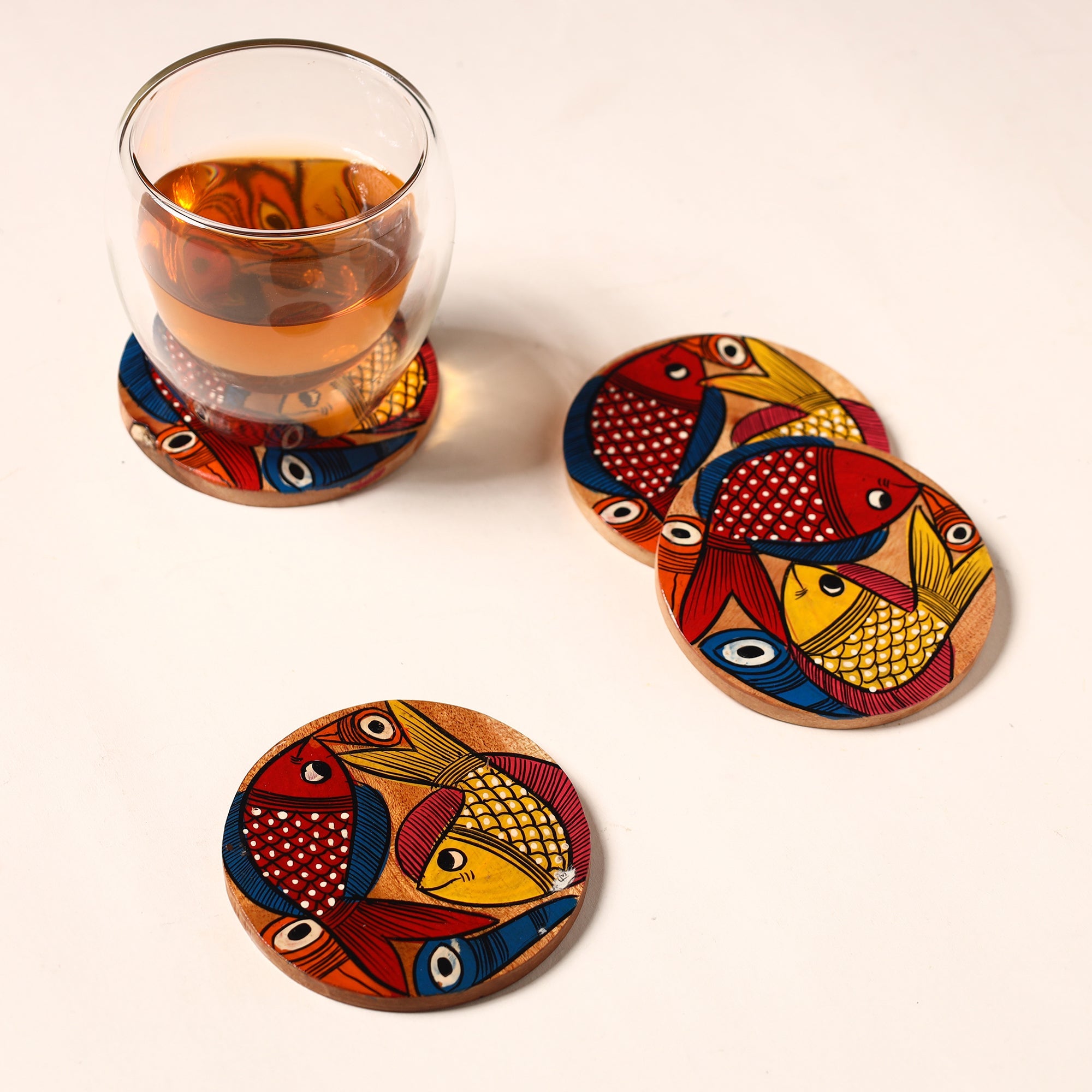 ITOKRI CRAFTS INITIATIVE Bengal Patua Handpainted Akashmoni Wooden Coasters (Set of 4) 20