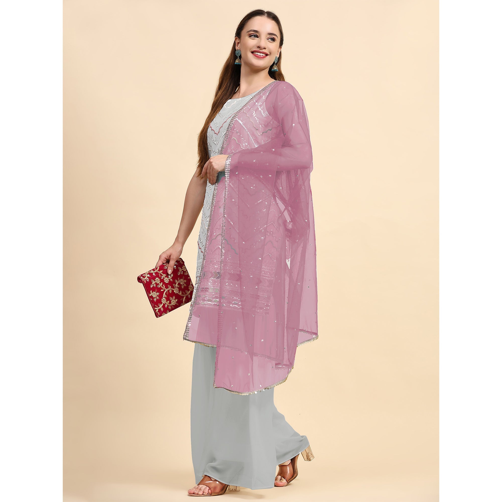 Peachmode Grey Sequins Embroidered Georgette Semi Stitched Suit - view 5