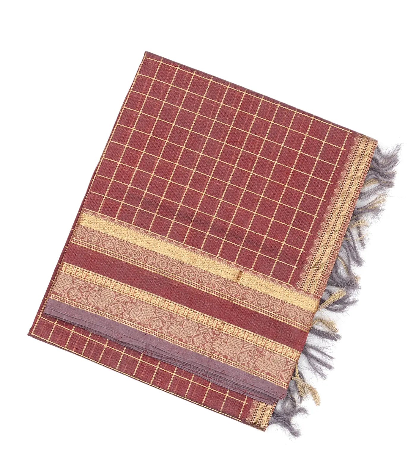 RmKV Dark Peach Handloom Silk Cotton Saree With Zari Checks