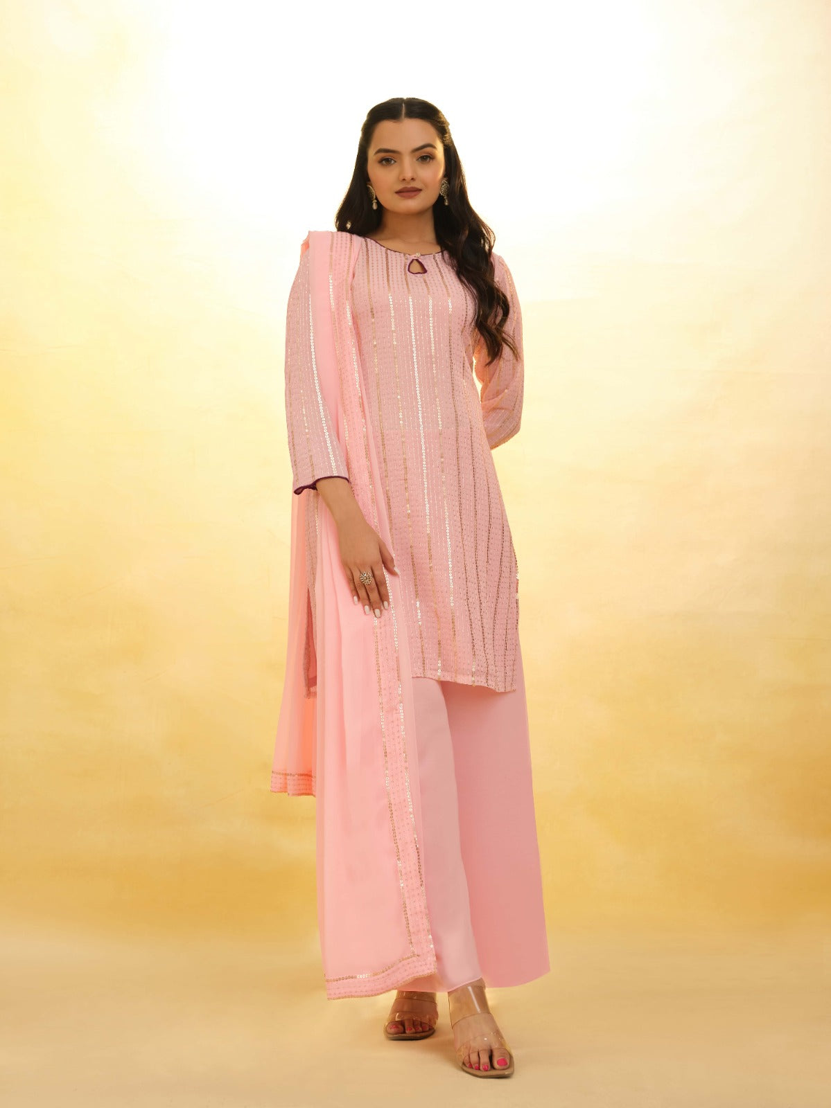 ClothsVilla Peach Georgette Suit with Embroidery and Shantoon Bottom