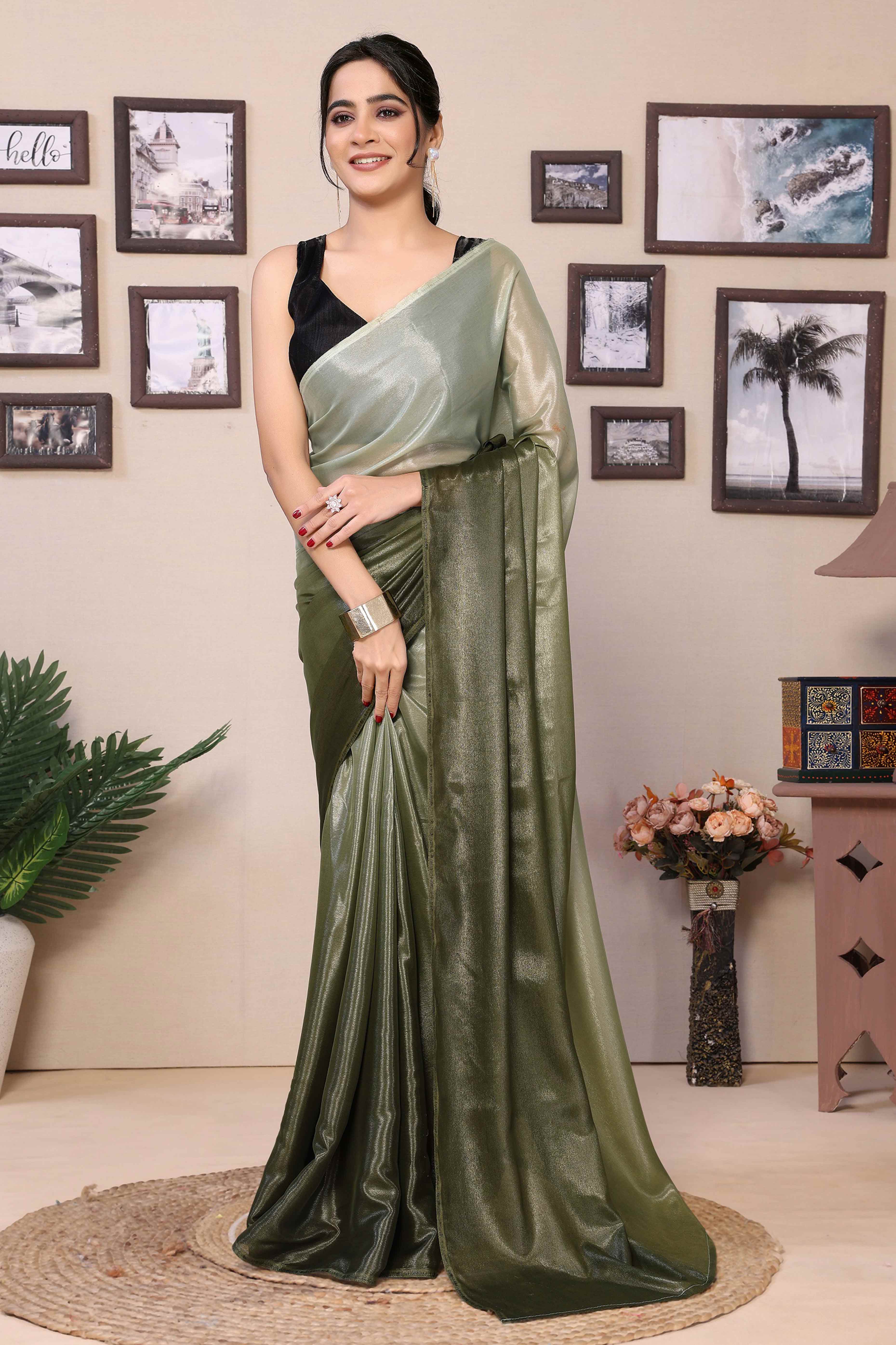 Peachmode Seller Mehendi Green Solid Printed Chiffon Ready To Wear Ombre Saree