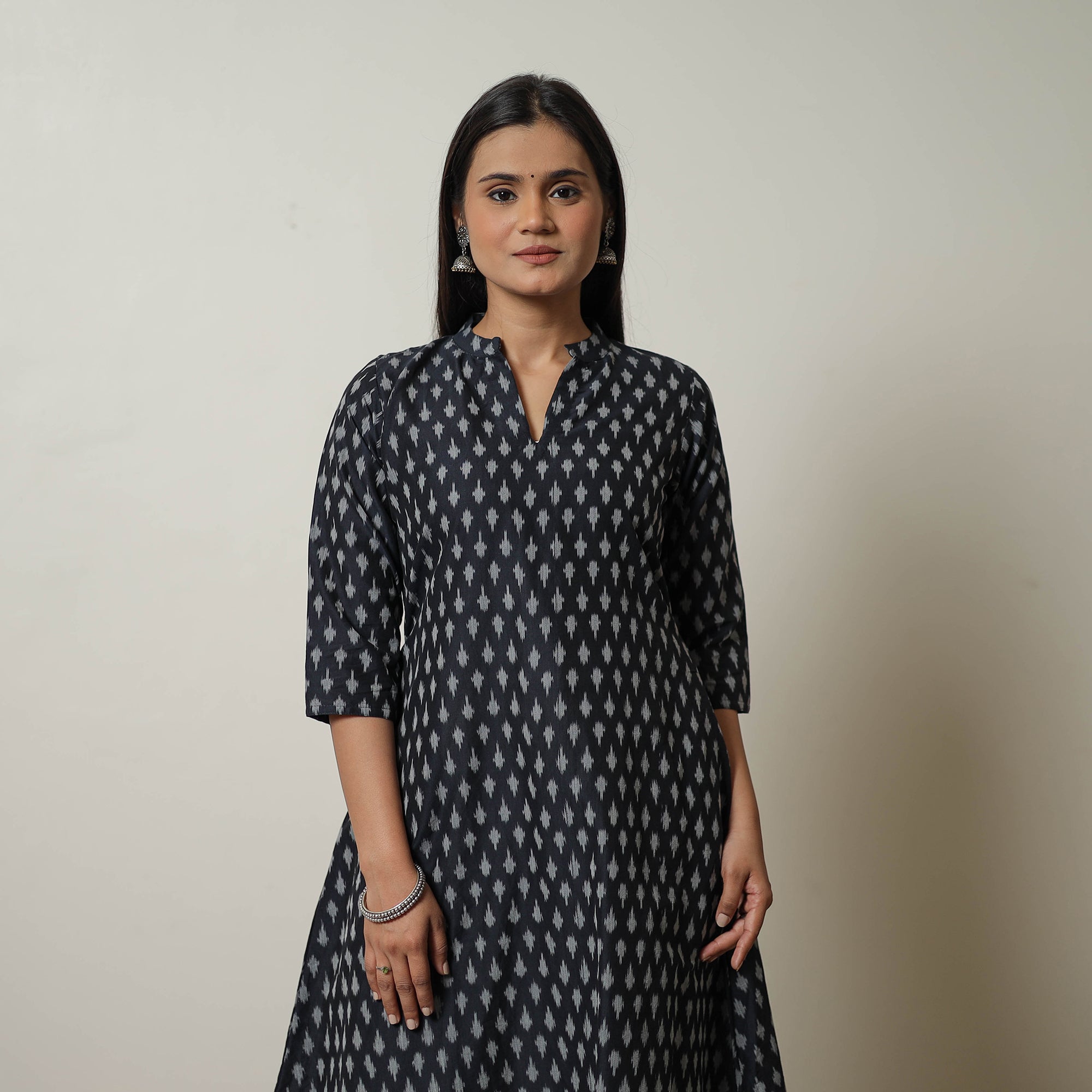 ITOKRI CASUALS Black - Mercerised Cotton A-Line Pochampally Ikat Kurta 03